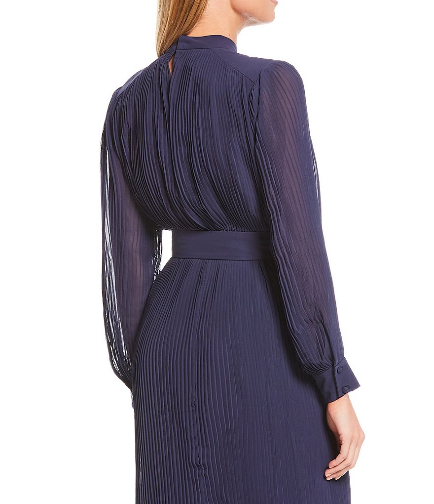 Maggy London Mock Neck Belted Pleated Georgette Long Sheer Sleeve Midi Dress