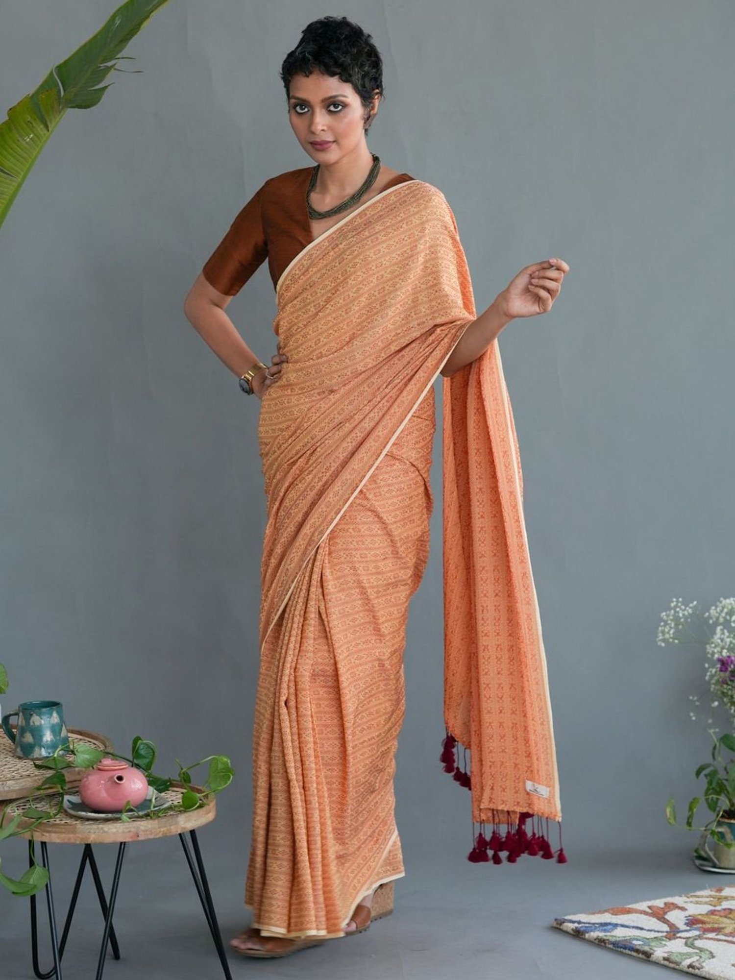 Suta Orange Woven Saree Without Blouse
