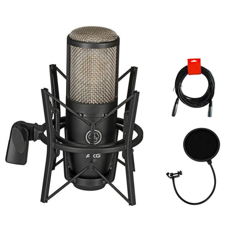 AKG Project Studio P220 Large Diaphragm Condenser Microphone with Pop Filter and XLR to XLR Cable Bundle