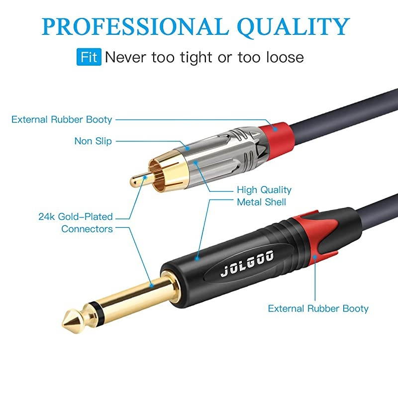 Dual 1/4" TS to Dual RCA Stereo Interconnect Cable, 2 x 6.35mm 1/4 Inch Male TS to 2 RCA Male Stereo Audio Adapter Cable, 6.6 Feet