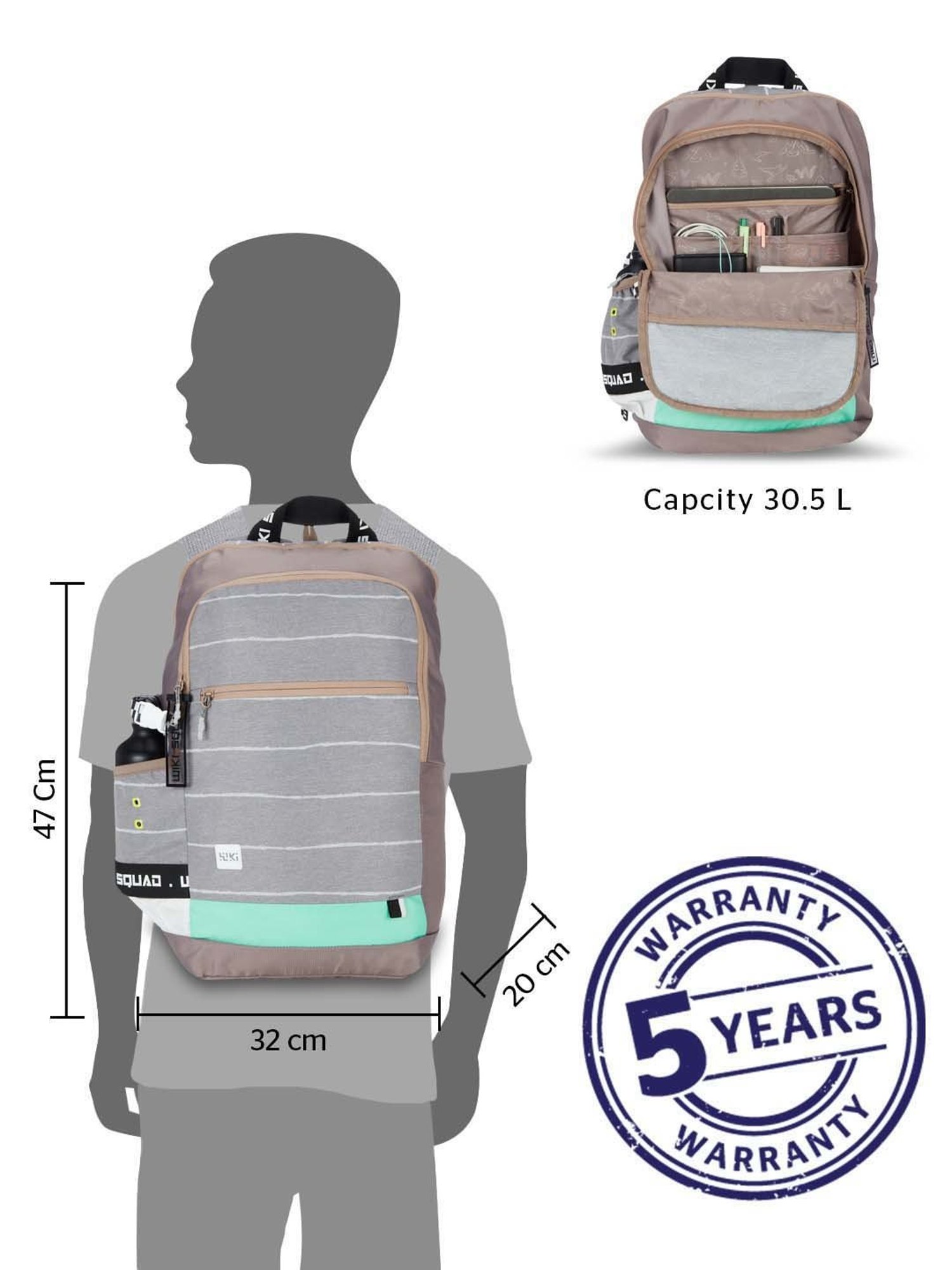 Wiki 30.5 Ltrs Grey Medium Backpack
