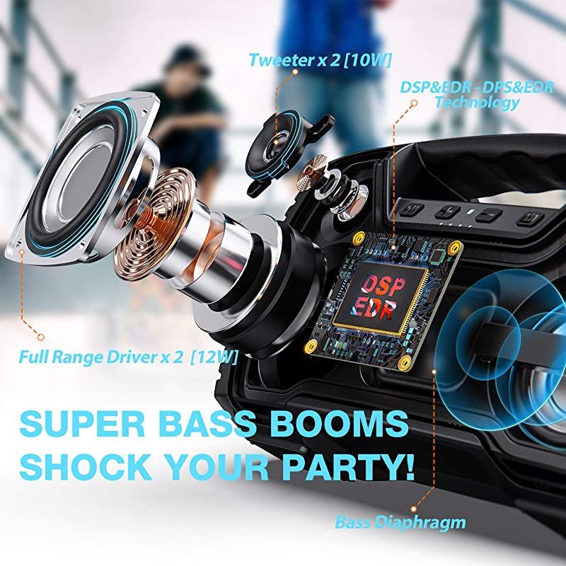 IPX7 Waterproof Bluetooth Speakers 40Hour Playtime Wireless Outdoor Speaker 25W Rich Bass Impressive Sound Stereo Pairing Builtin Mic 100ft Bluetooth LED Lights for Home Party