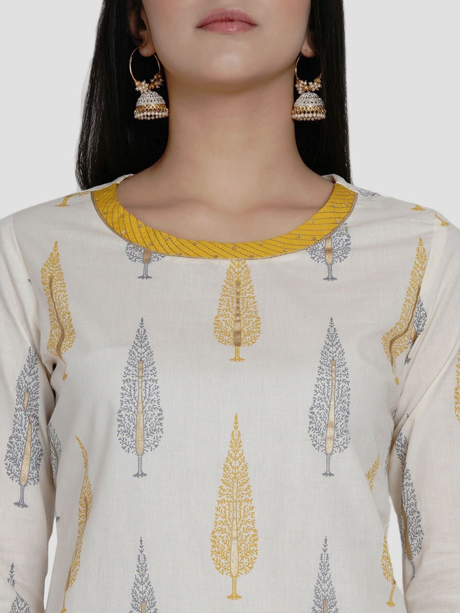 Women Republic Beige & White Cotton Printed Kurta Palazzo Set