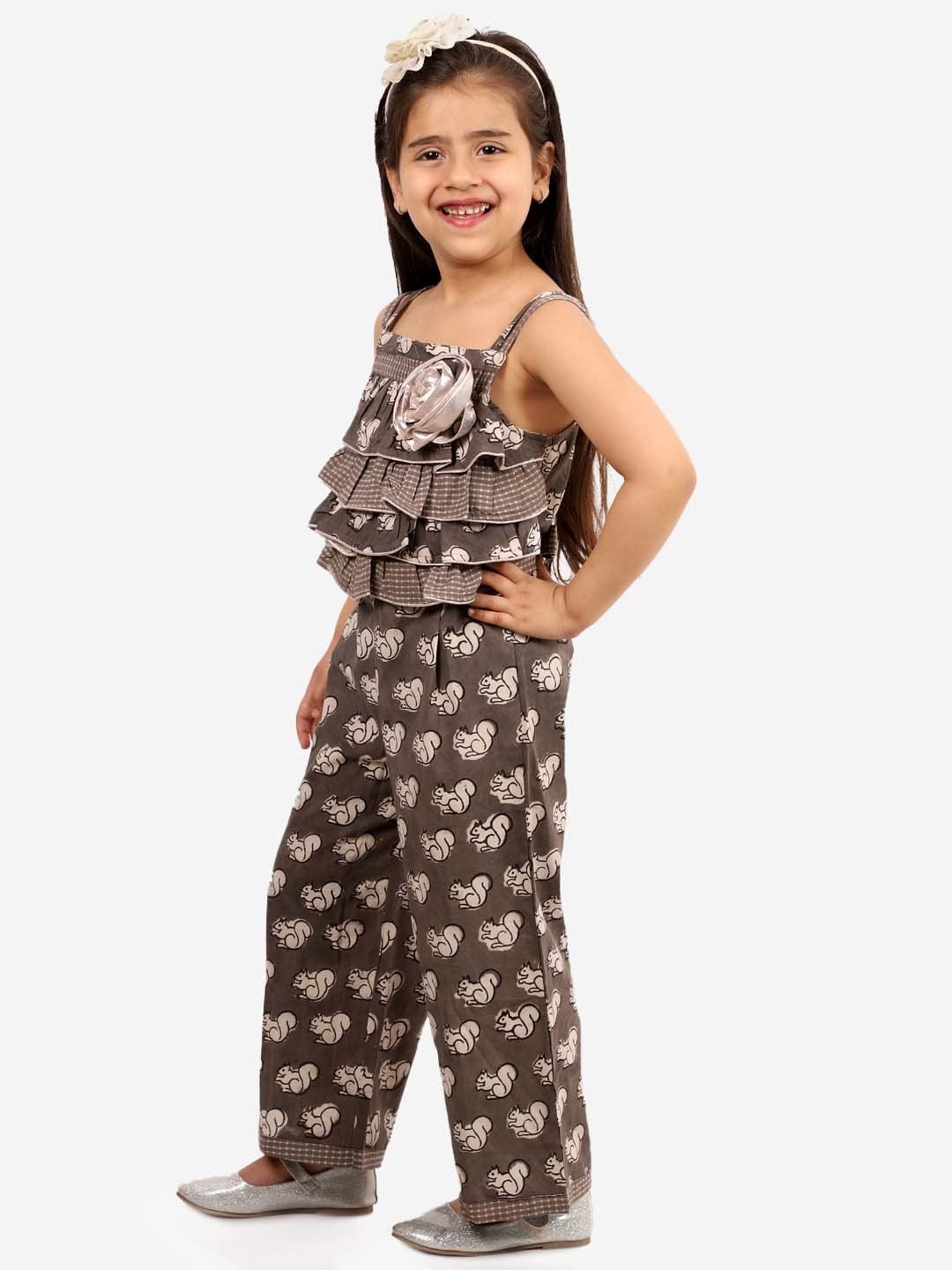 TWISHA Kids Brown Cotton Printed Jumpsuit