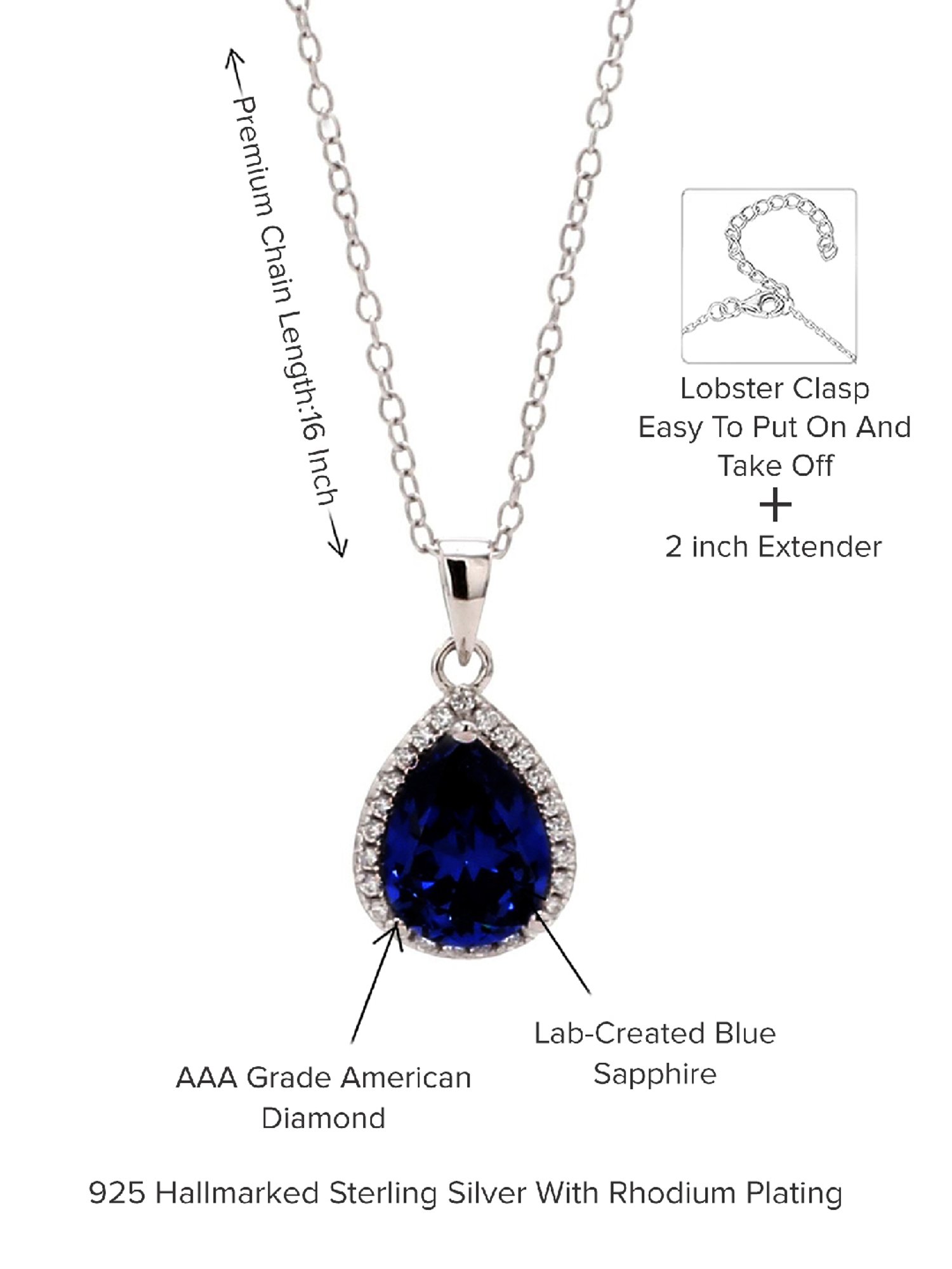 925 Silver Blue Sapphire and American Diamond Halo Pendant with 18-inch Chain for Women & Girls