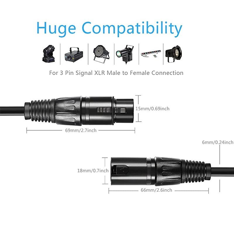 32 ft Flexible DMX Cable  GoldPlated 3 Pin Male to Female XLR Cable DMX Wire Best for DJ Stage Light Moving Head Par Lights 6 Pack