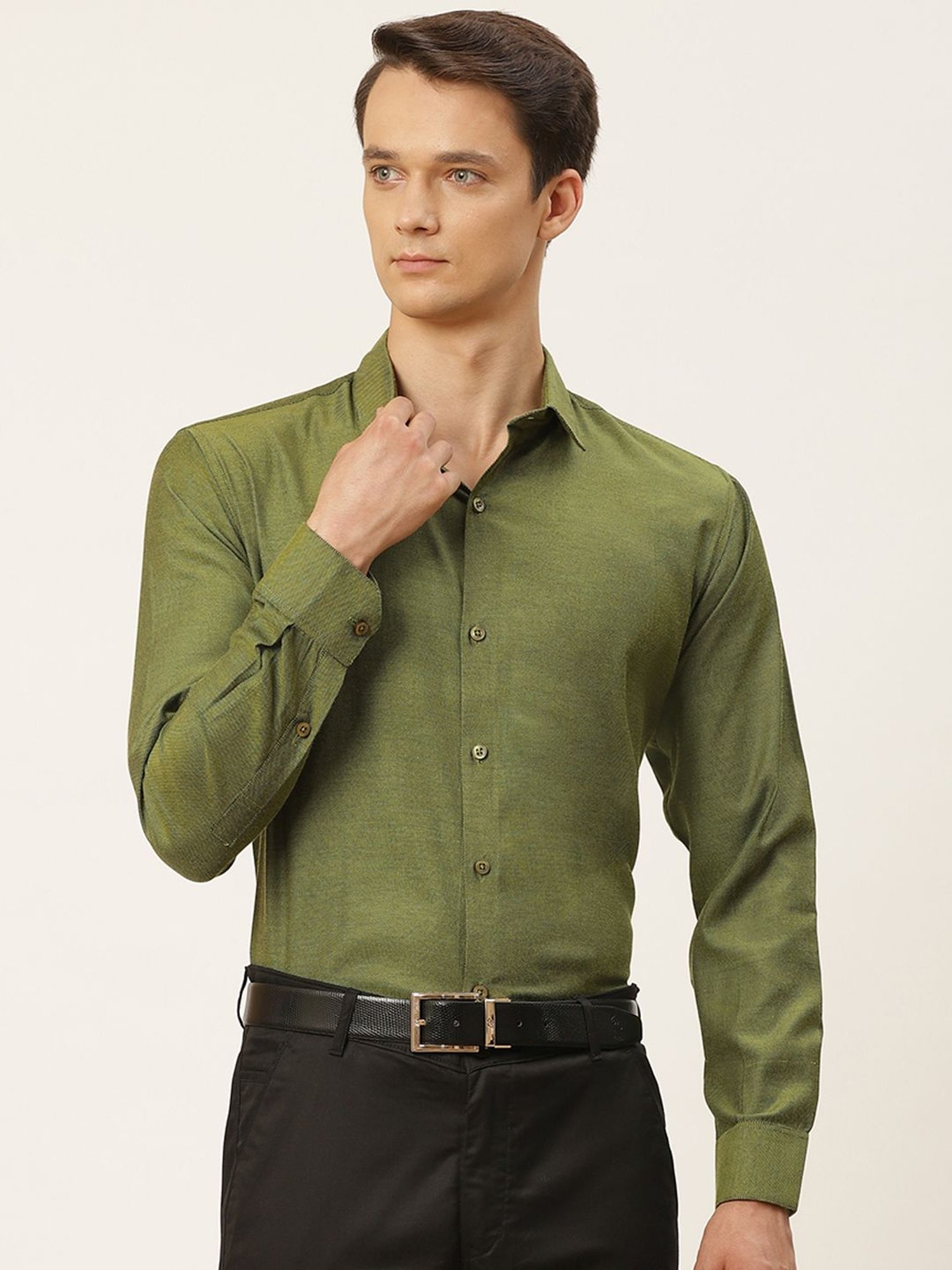 Sojanya Green Cotton Regular Fit Self Pattern Shirt