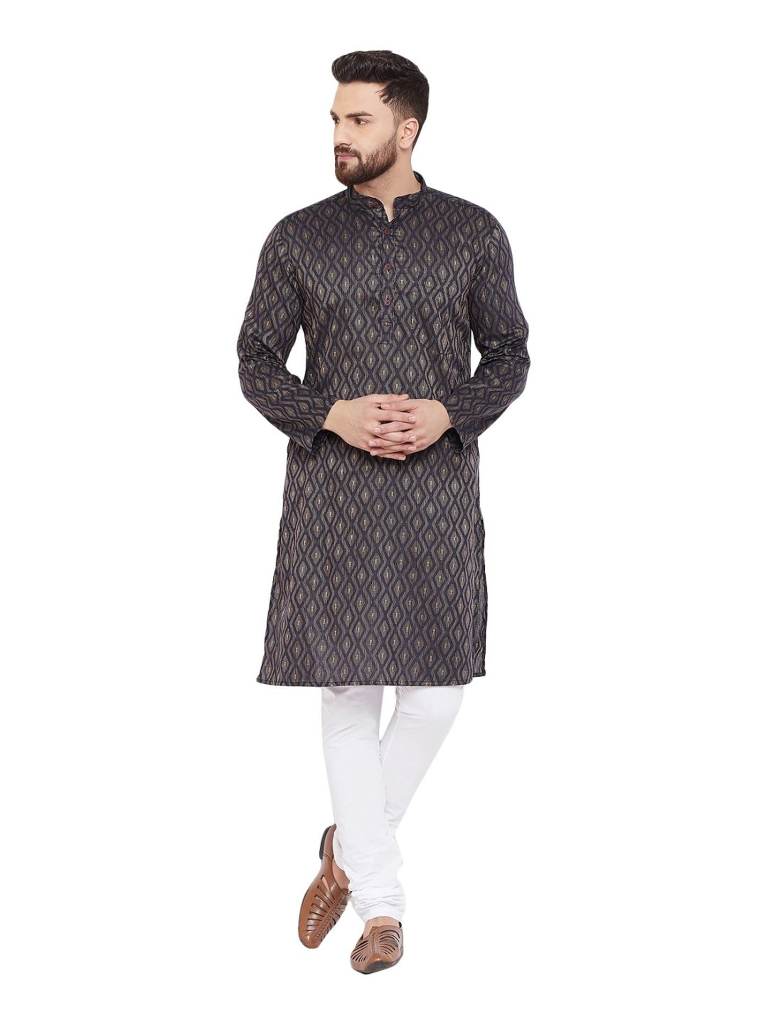 Even Brown Cotton Regular Fit Self Pattern Kurta