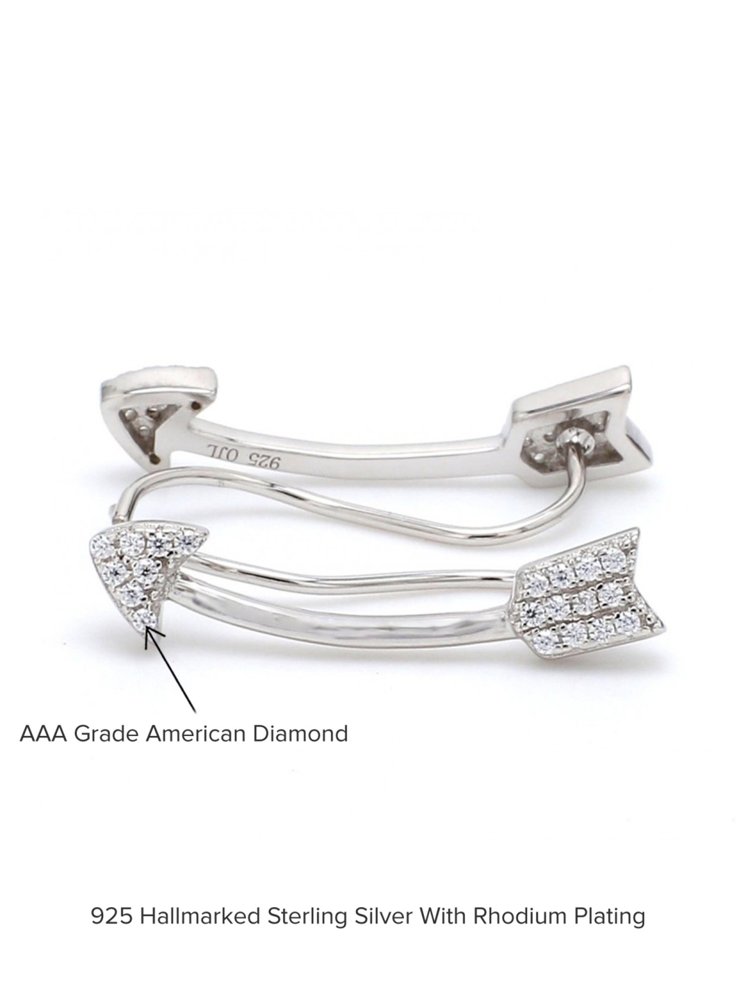925 Silver AAA Grade American Diamond Arrow Ear Climber Earrings for Women & Girls