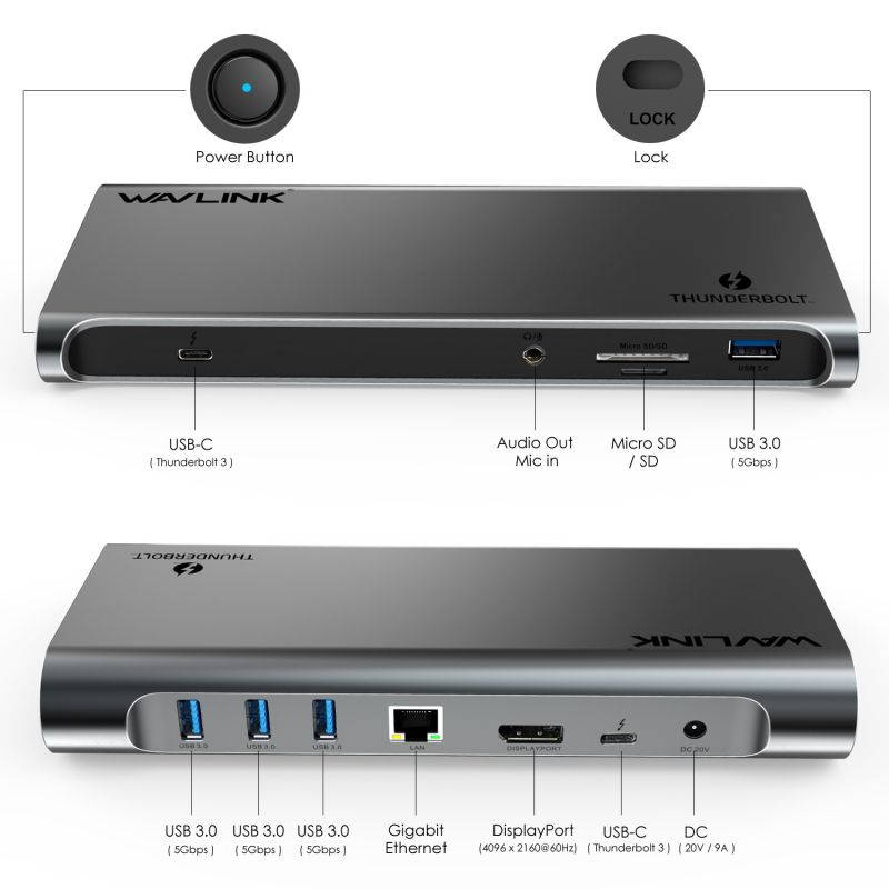 WAVLINK Thunderbolt 3 Dock-180W DC Power Adapter (85W Charging) Dual 4K@60Hz Display,2X Thunderbolt 3 up to 40Gb/s, DP1.2, 4X USB 3.0 Ports, SD Card Slot, LAN for Mac/Windows Thunderbolt 3 Laptops PC