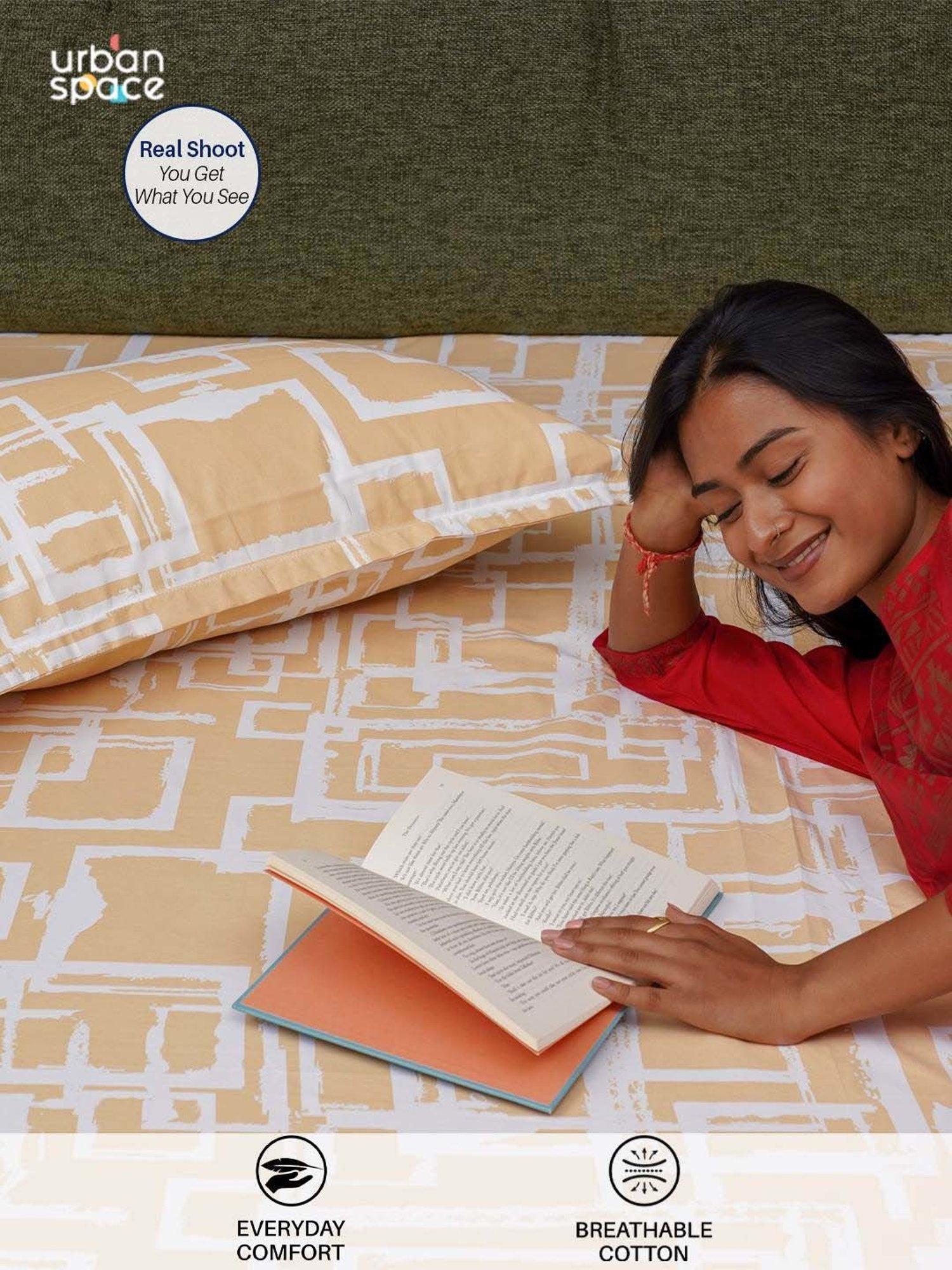 Urban Space Serene Brown Cotton 200 TC Queen Size Bedsheet With Pillow Covers