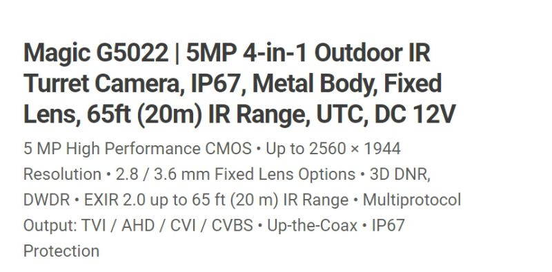 Eyemax Magic series TIU G5022 5MP Outdoor IR Turret Camera, IP67, Metal Body 2.8mm 12V DC