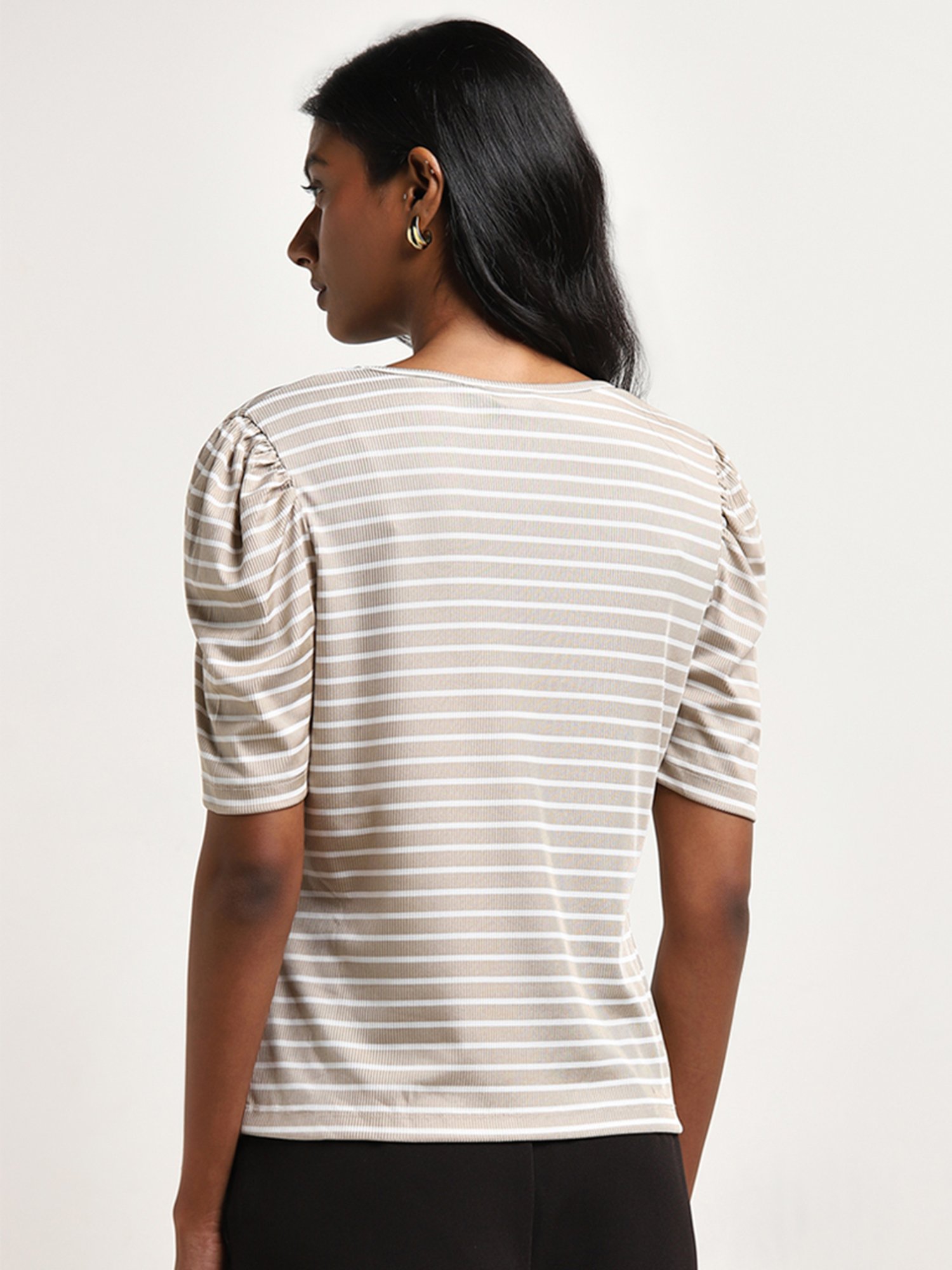 Wardrobe by Westside White Beige Striped Knit-Textured Top