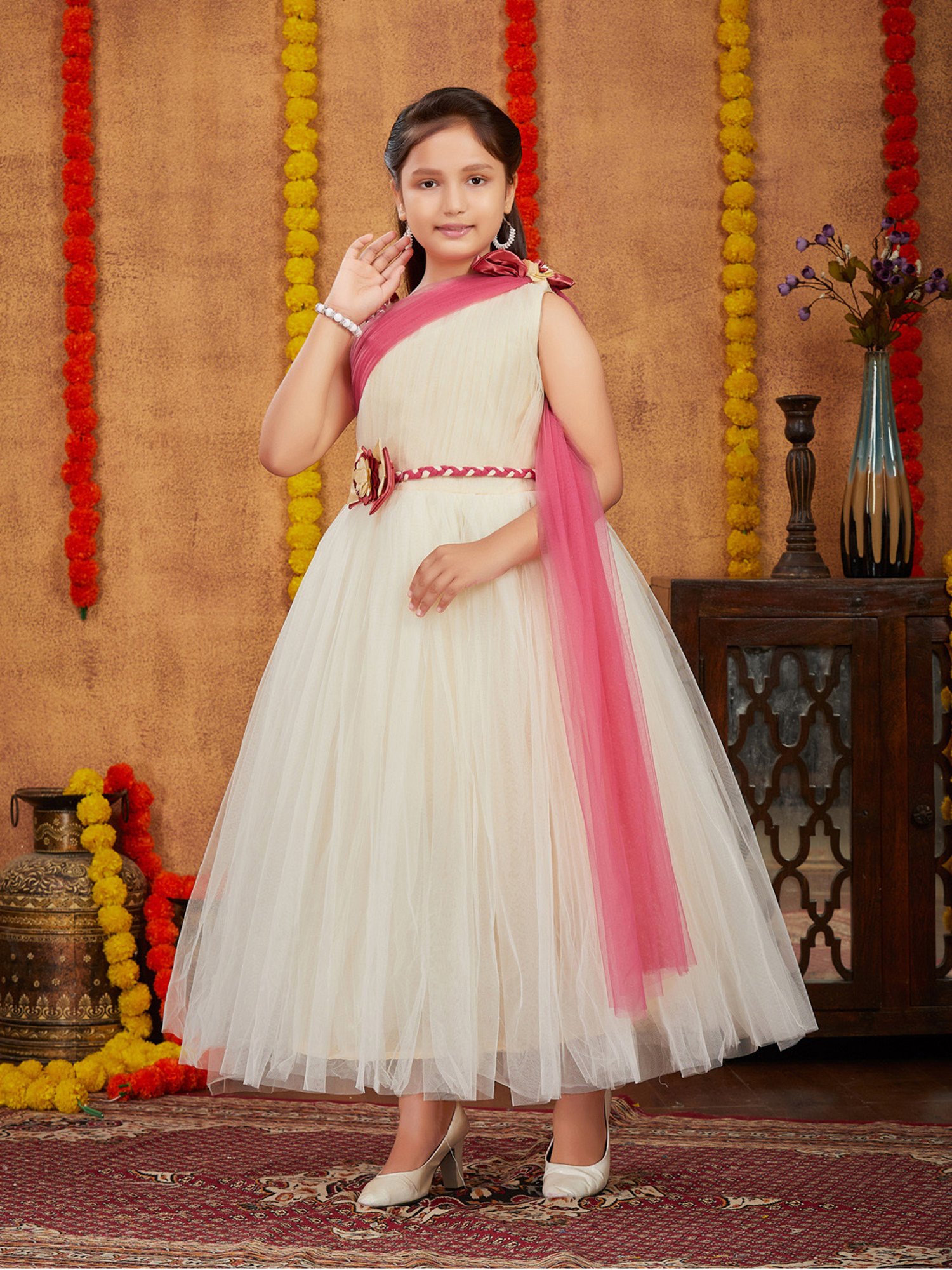 Aarika Kids Cream & Pink Solid Gown