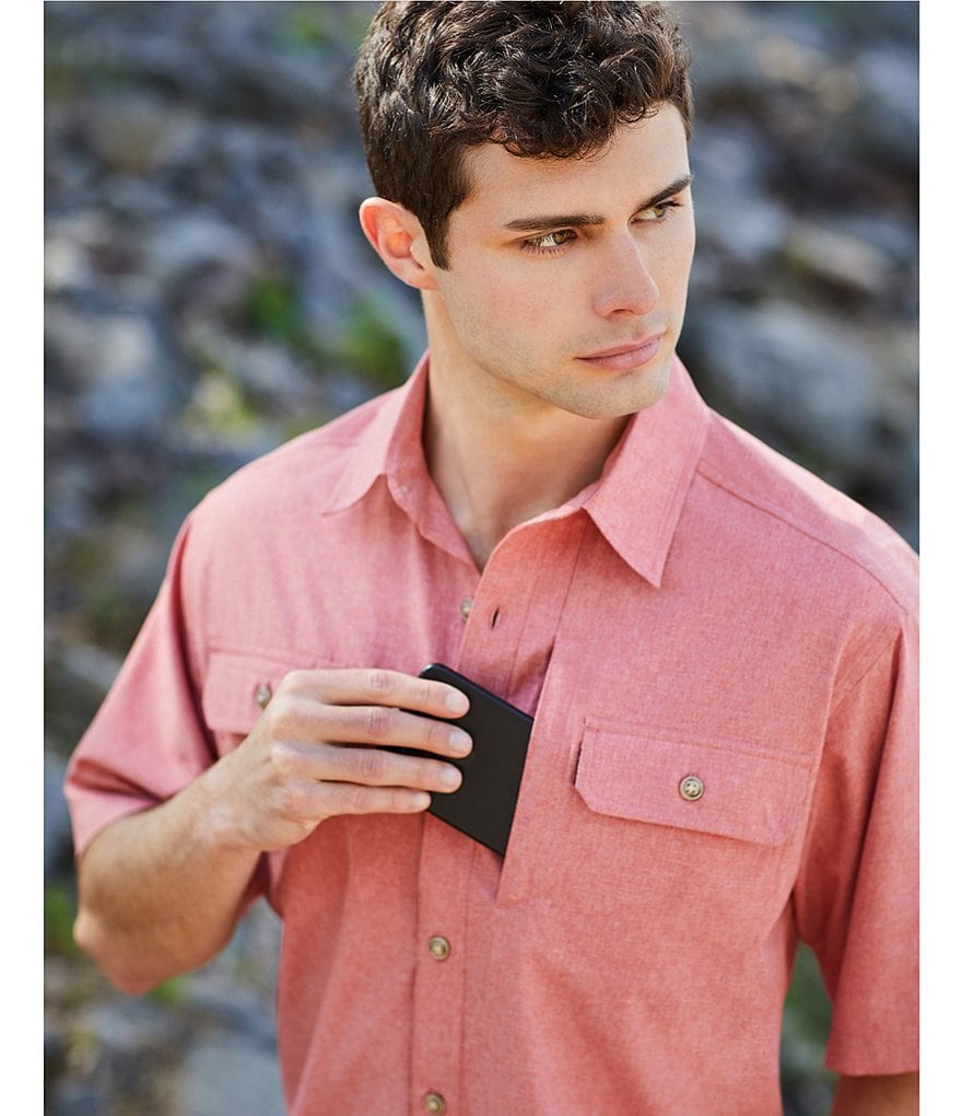 Solaris Short-Sleeve Capeback Heathered Button-Front Shirt