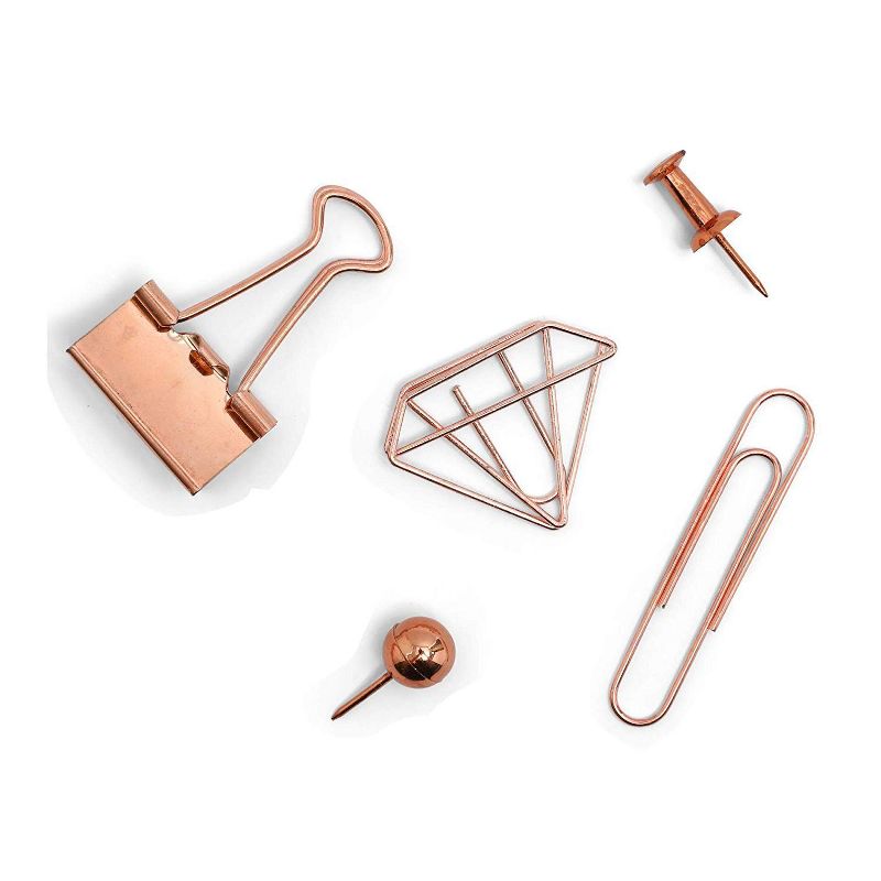 Paper Junkie 126-Piece Diamond Metallic Rose Gold Paper Clips, Push Pins, Binder Clips Set with Box