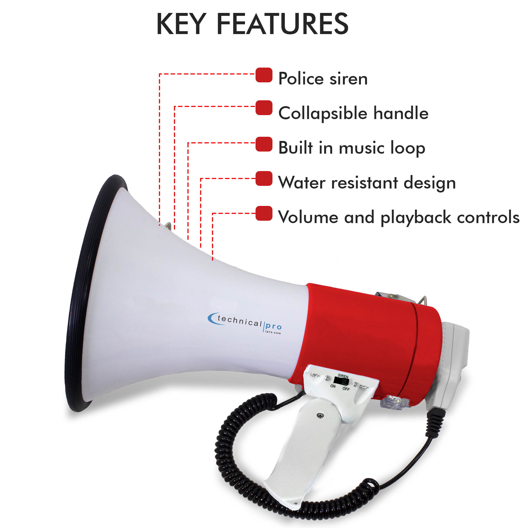 Technical Pro, Red Megaphone 50-Watt Siren Bullhorn - Bullhorn Speaker w/Detachable Microphone, Portable Lightweight Strap Detachable PA - Professional Outdoor Voice for Police & Cheer leading