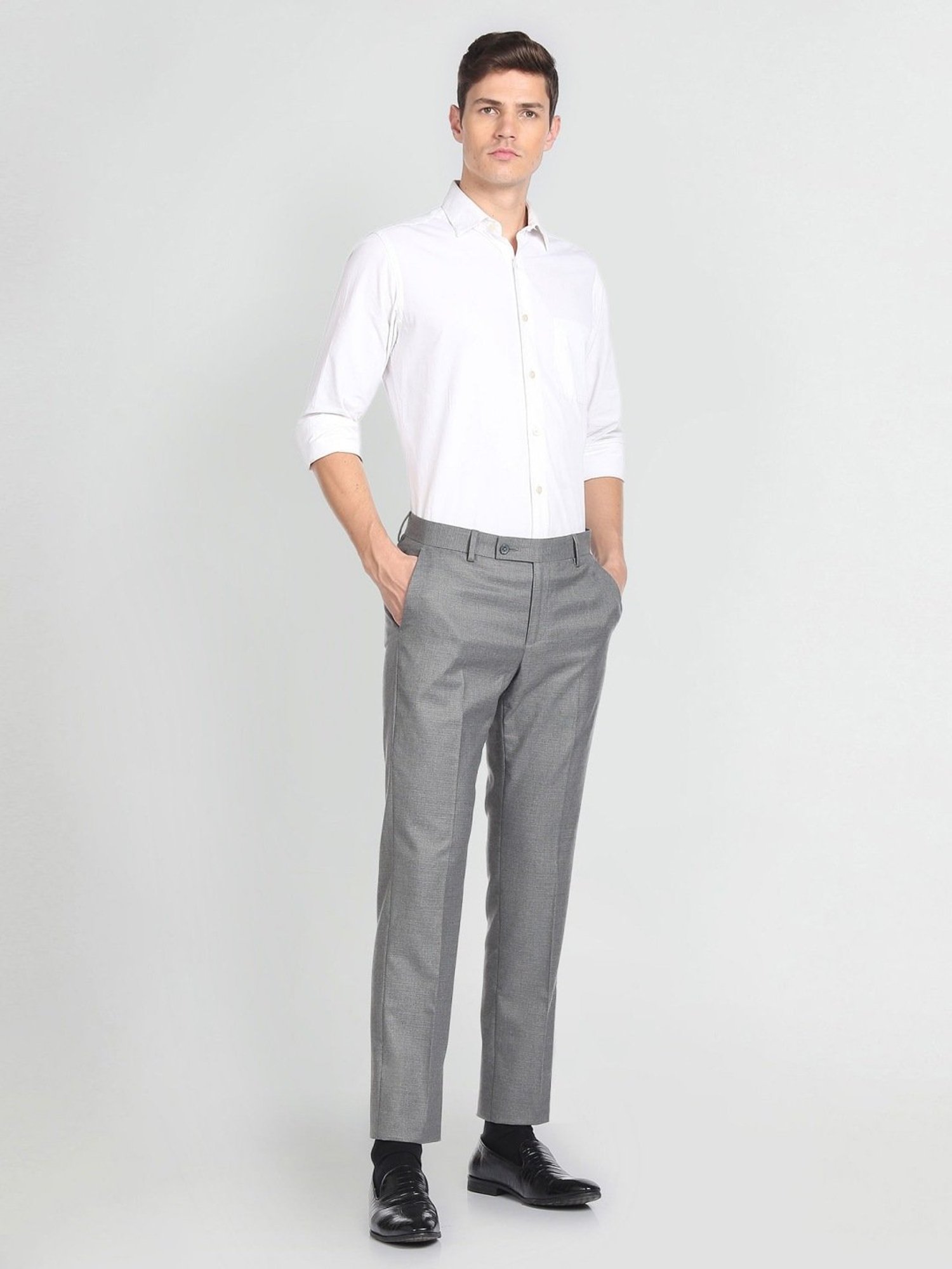 Arrow Grey Regular Fit Self Pattern Trousers