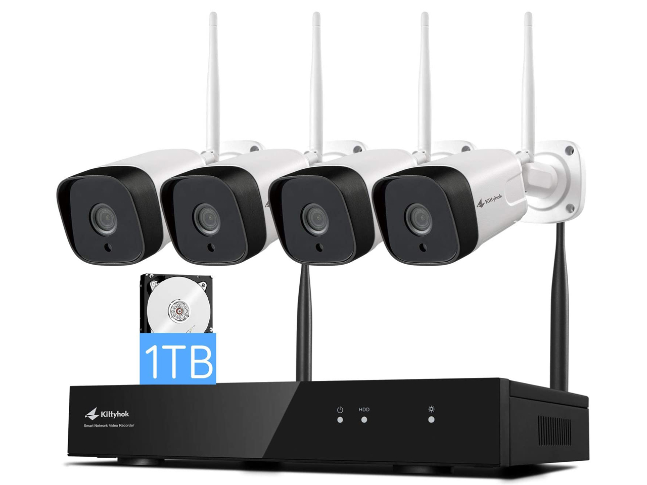 Kittyhok 2K Wireless Security Camera System WiFi Home Surveillance Cameras, with 1TB 2K Video HDD 4Pcs Outdoor/Indoor WiFi with Night Vision, IP66 Weatherproof, 24/7 Recording Video and Audio
