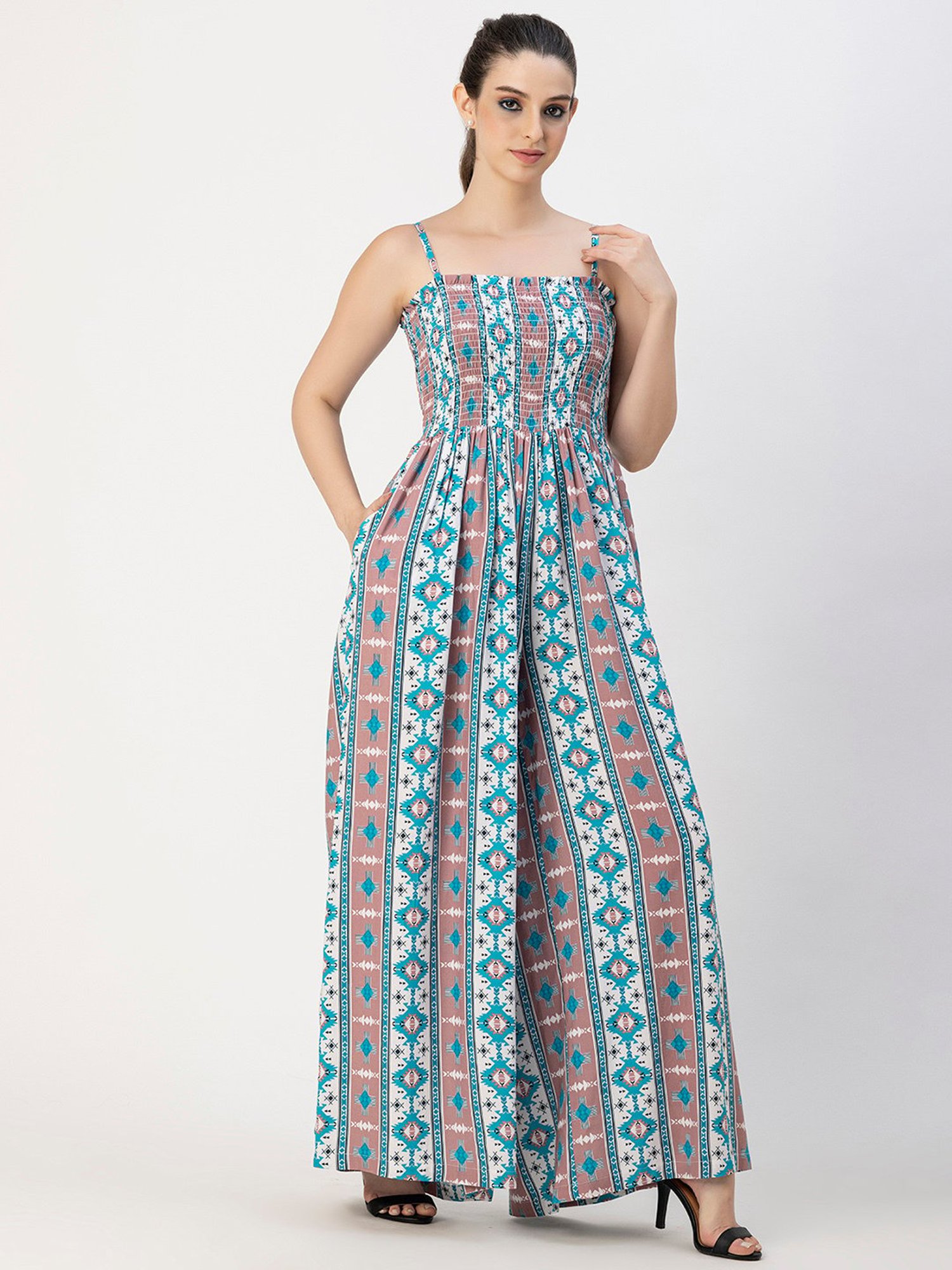 Moomaya Turquoise & White Printed Jumpsuit