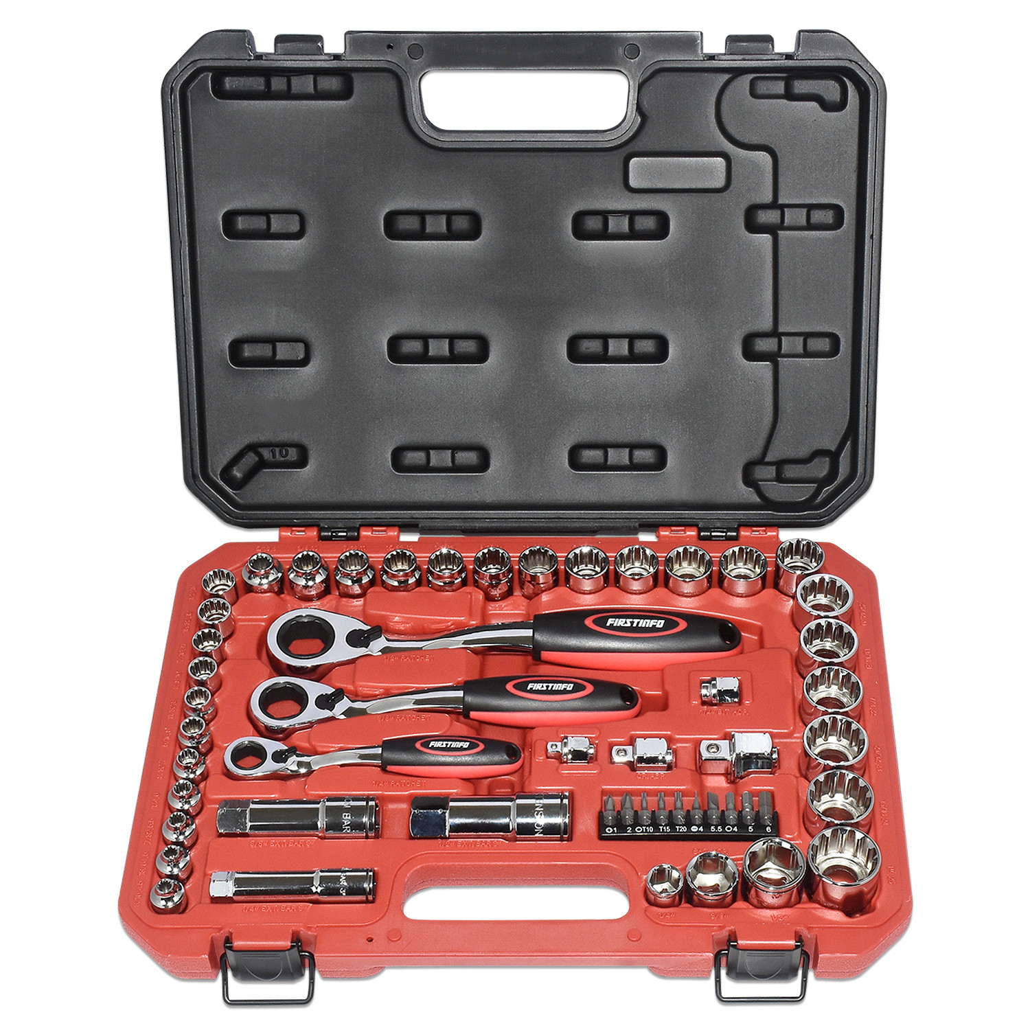 FIRSTINFO Low Profile Go-Through Socket Wrench 52 Pcs Set, 1/4" 3/8" 1/2" Wrench, Spline Sockets For Damaged Fasteners