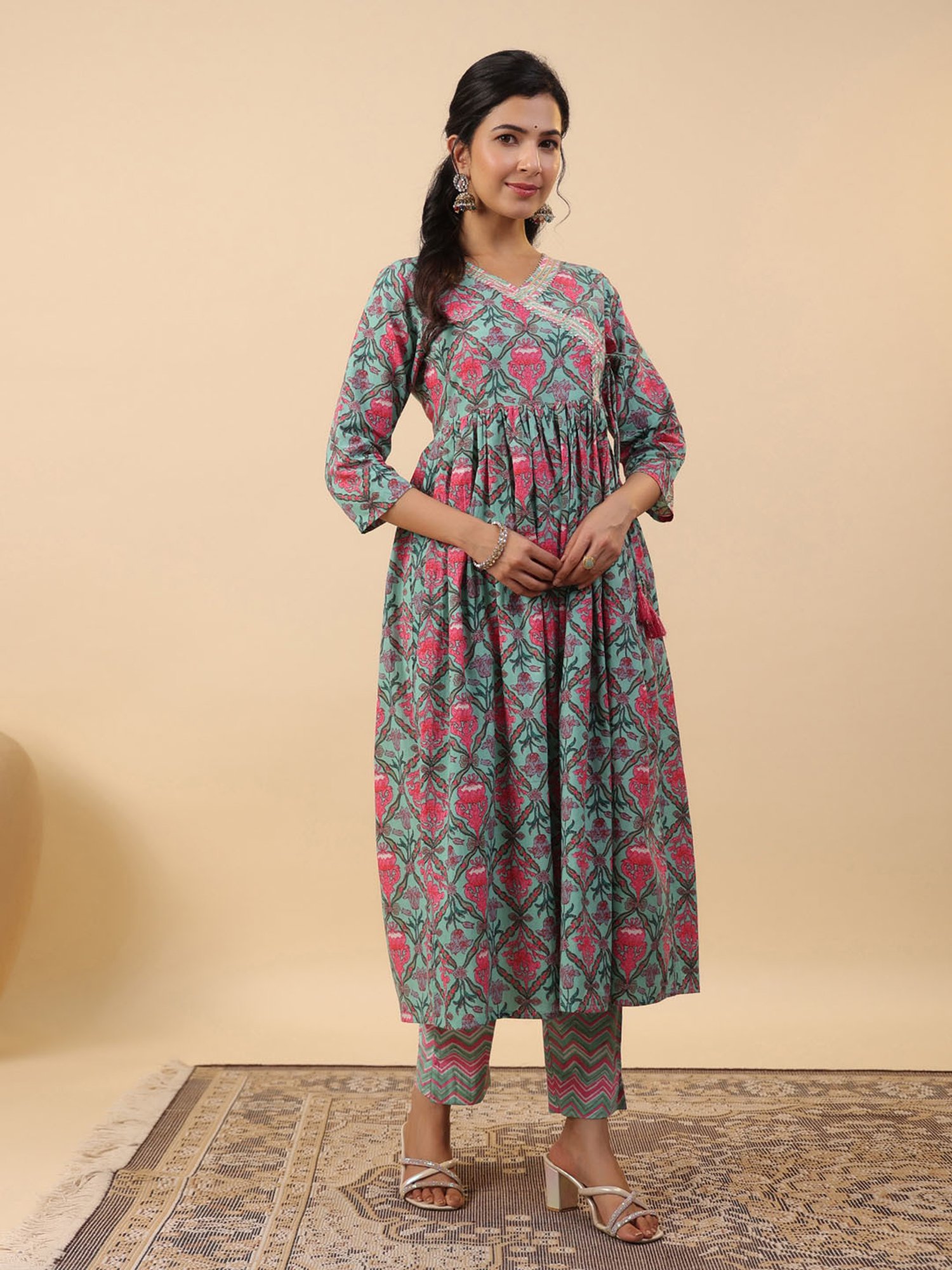 Janasya Aqua Cotton Kurta With Pants