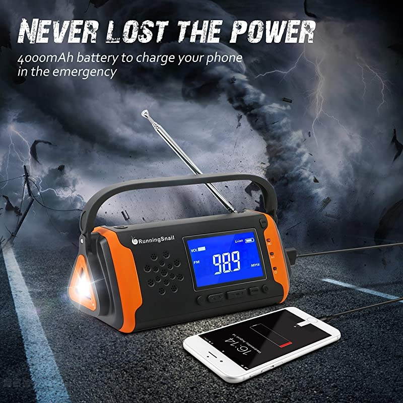 NOAA Weather Crank Solar Powered Portable Radio with 4000mAh Battery Power for Cell Phone Bright Flashlight for Household and Outdoor Survival 097Orange