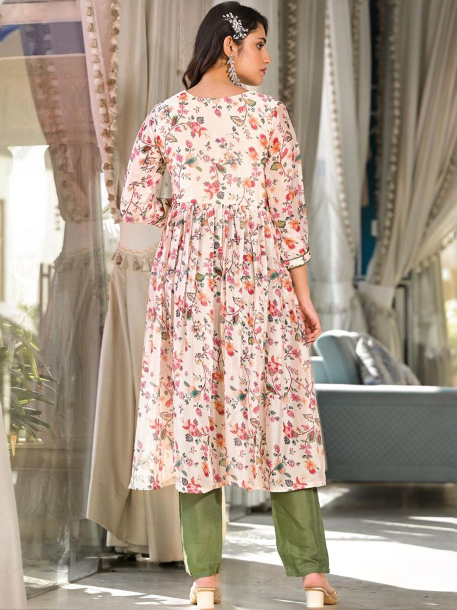 Odette Beige & Green Floral Print Kurta Pant Set With Dupatta