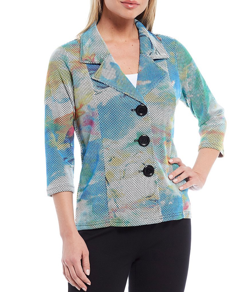 Ali Miles Petite Size Open Mesh Two Button Front 3/4 Sleeve Jacket