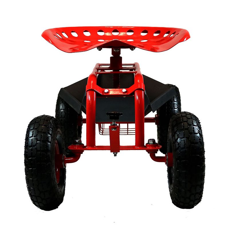 Rolling Shop Cart with Work Seat, Basket and Tray - Red - Sunnydaze Decor