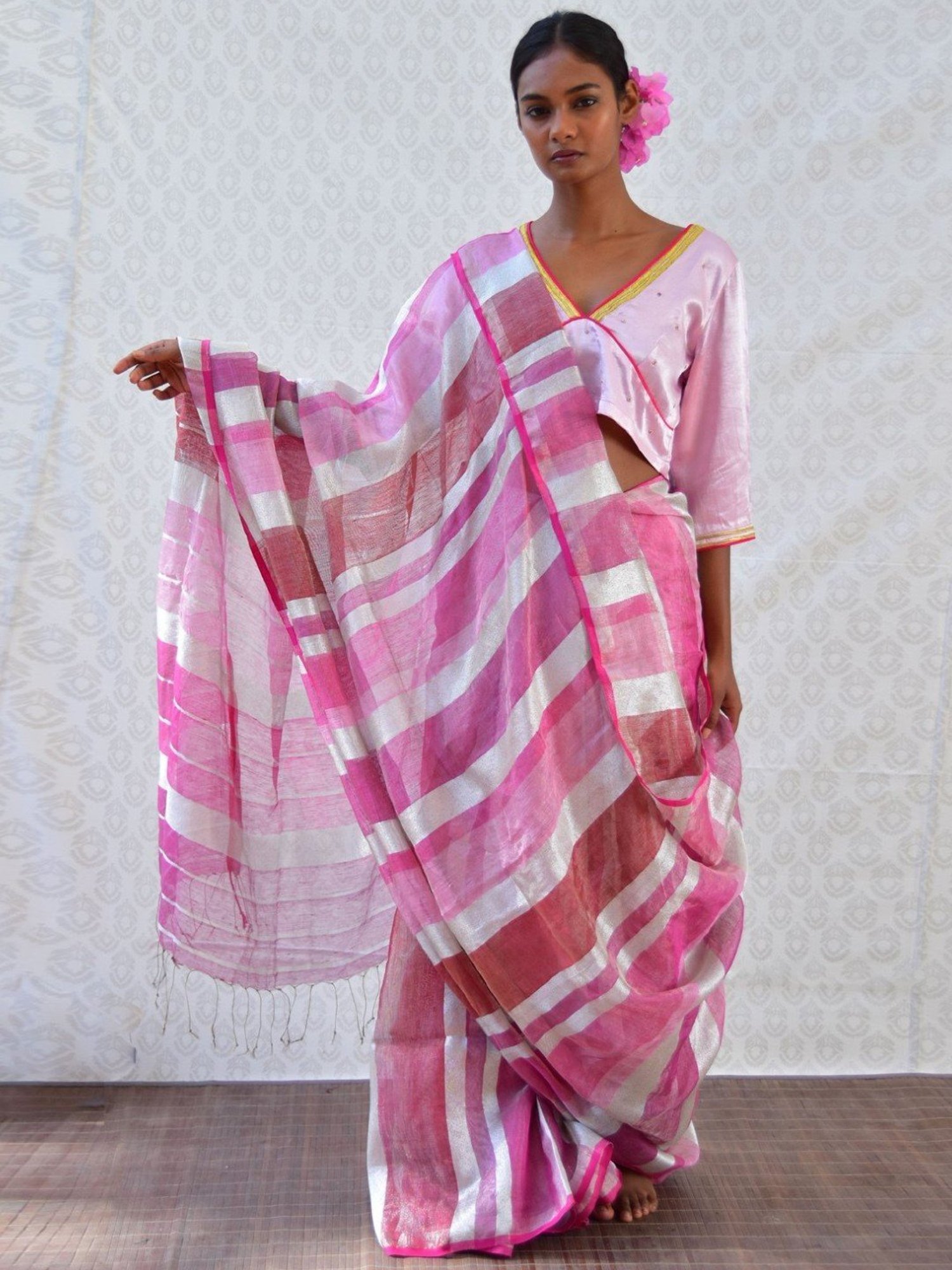 Chidiyaa Bougainvillea Pretty Pink Handwoven Linen Zari Saree