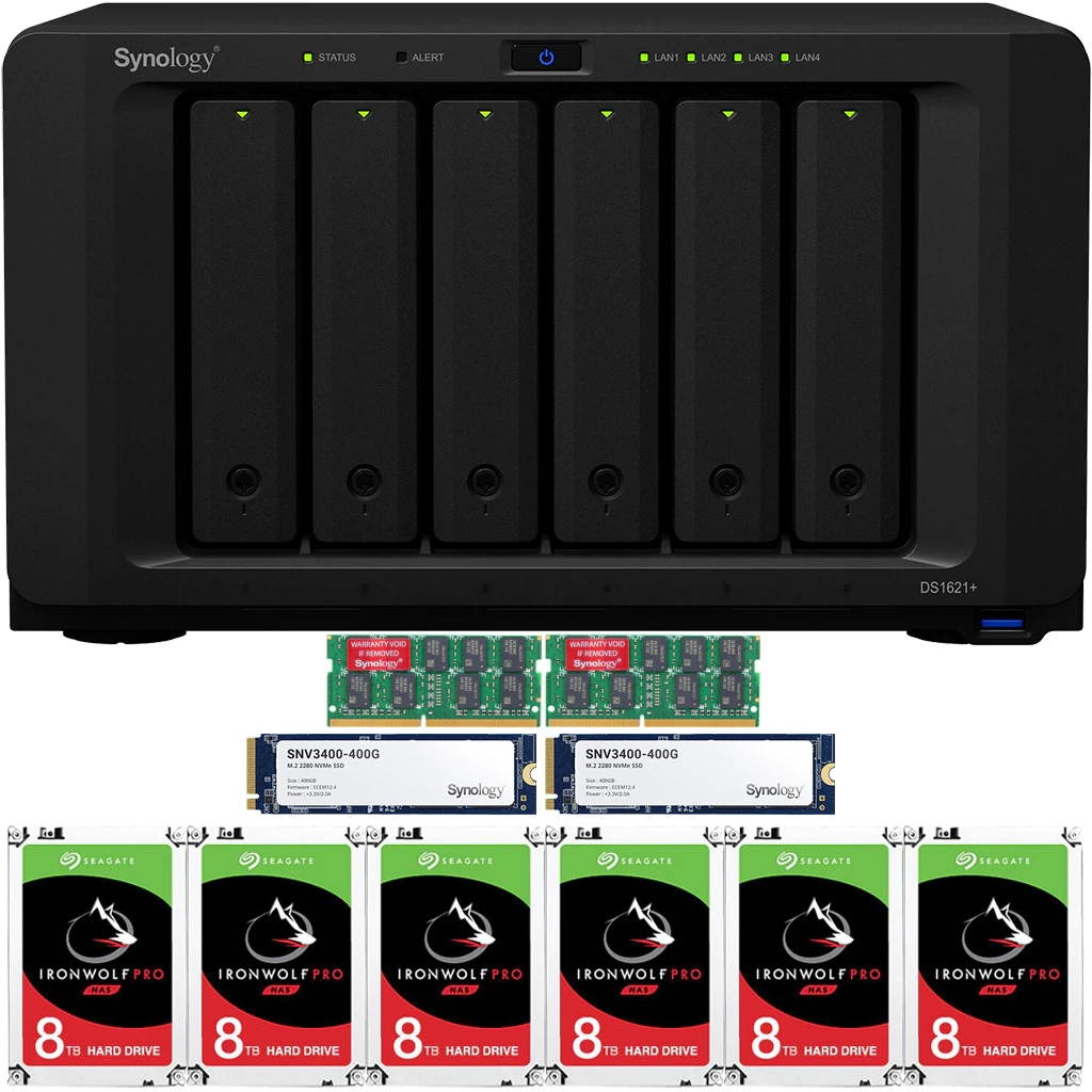 Synology DS1621+ DiskStation with 32GB RAM and 72TB (6 x 12TB) of Seagate Ironwolf PRO NAS Drives and 800GB (2x400GB) NVME Cache Fully Assembled and Tested By CustomTechSales