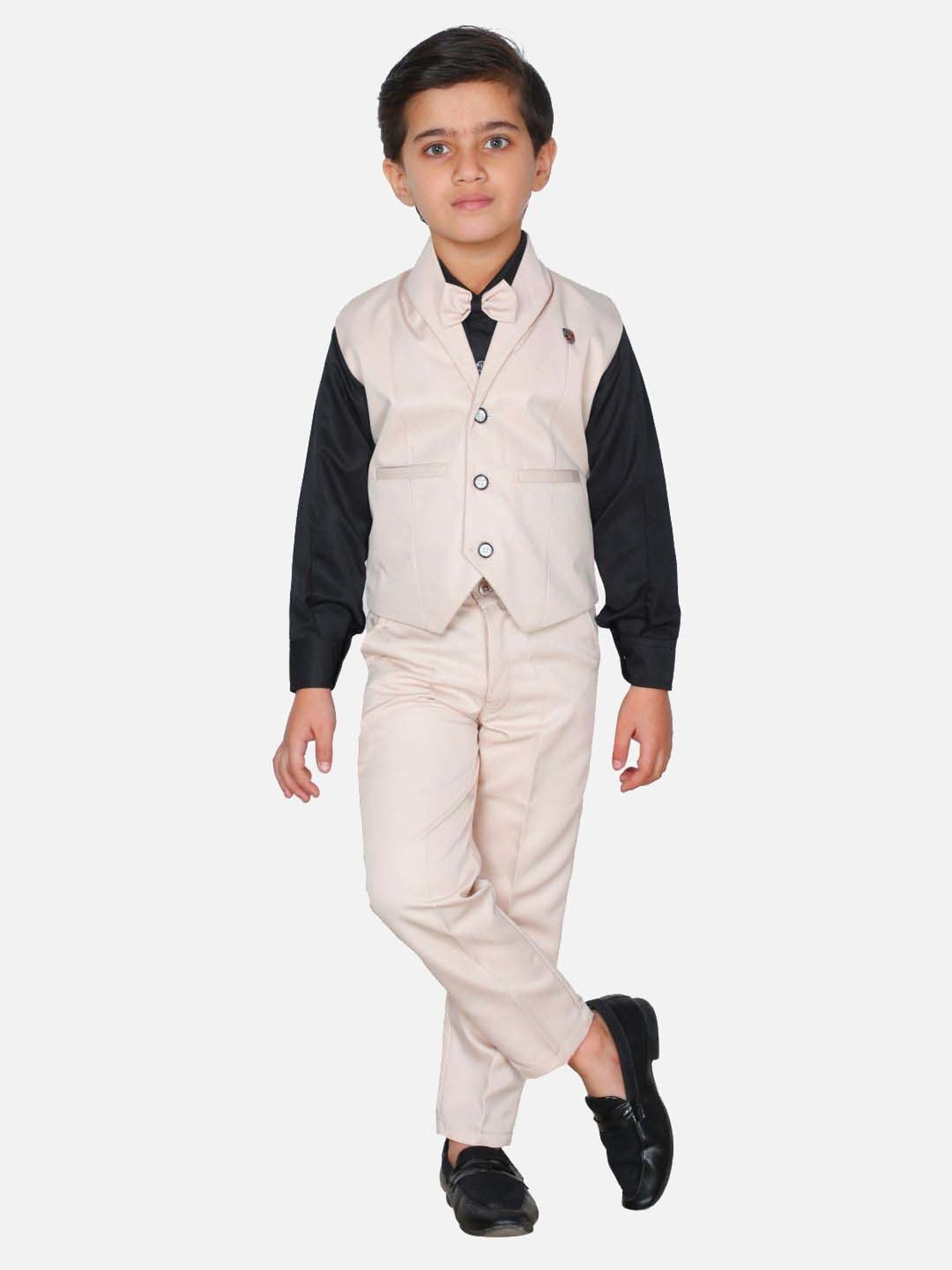 Fourfolds Boys Cream Solid Full Sleeves Clothing Set
