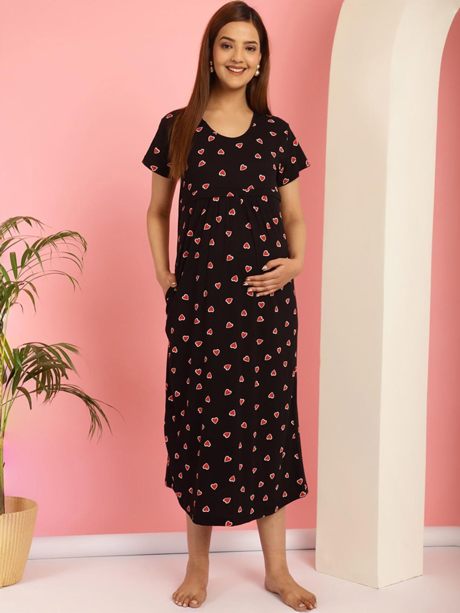 Secret Wish Black Printed Maternity Nighty