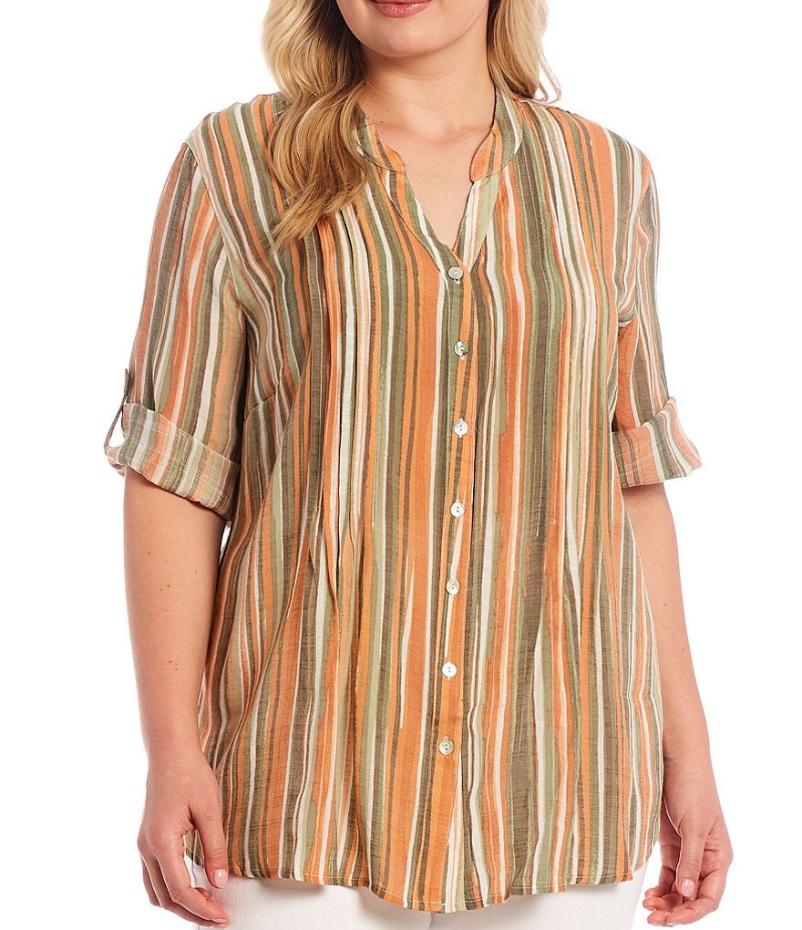 Democracy Plus Size Floral Print 3/4 Puff Sleeve V-Neck Knit Top