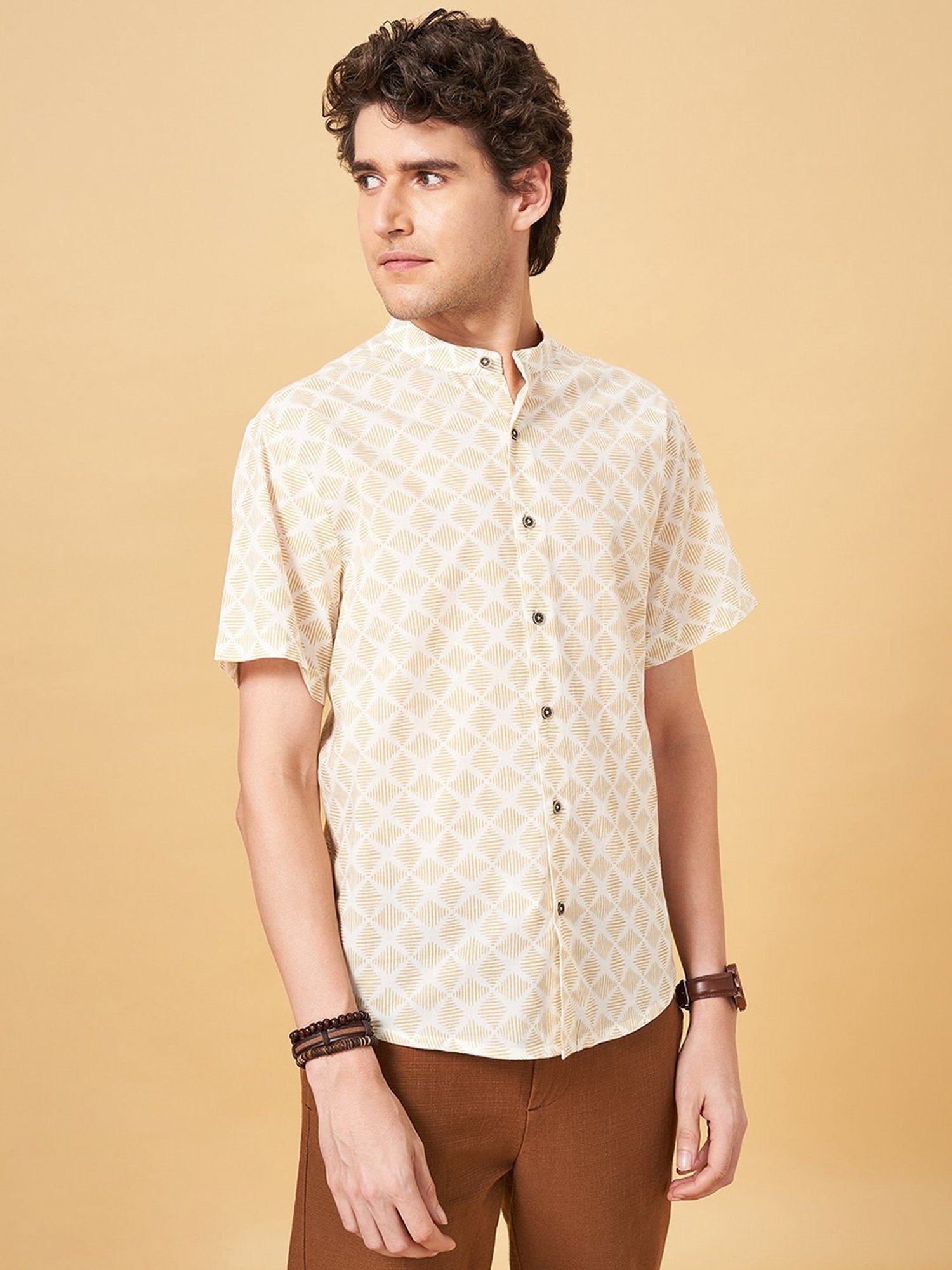 Indus Route by Pantaloons Honey Mustard Regular Fit Printed Shirt