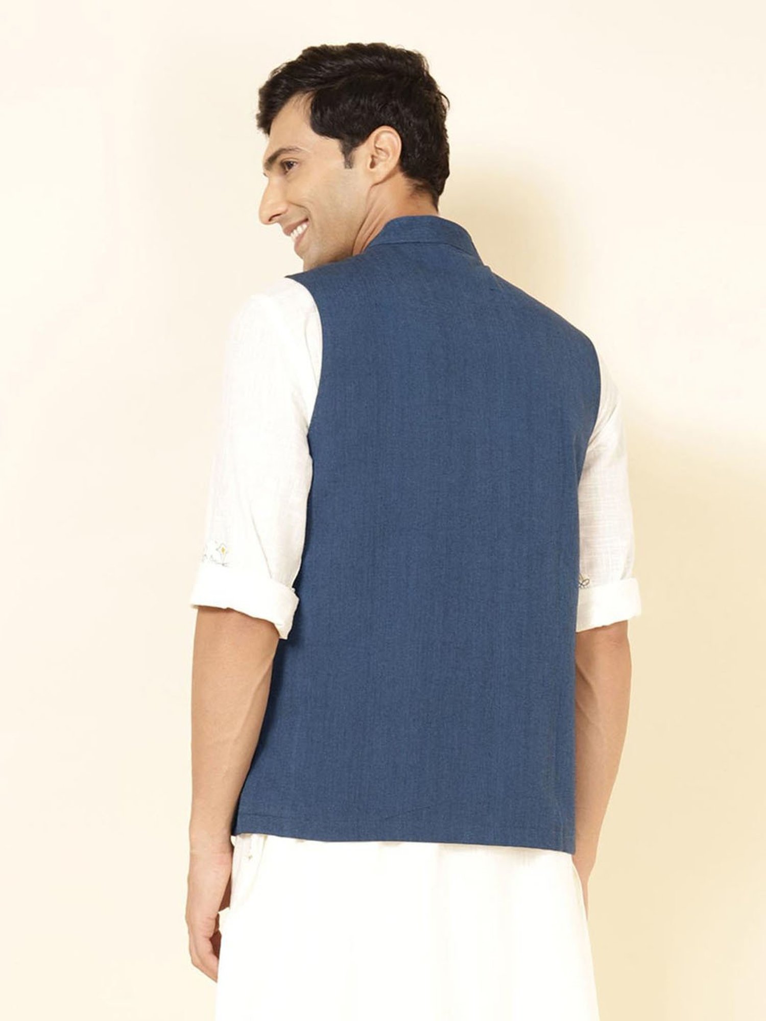 Fabindia Navy Regular Fit Nehru Jacket