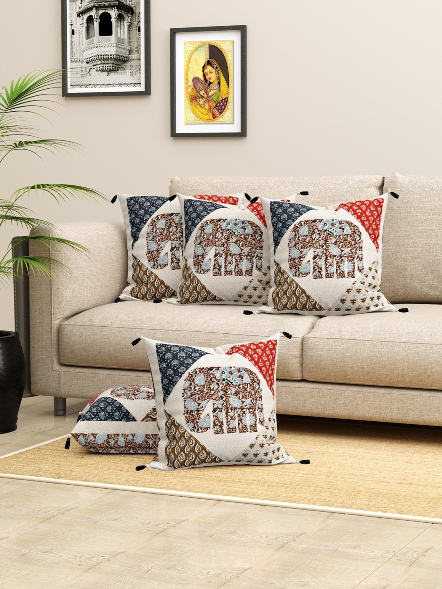 Living Roots Jaipuri Multicolor Cotton Cushion Covers - Set of 5