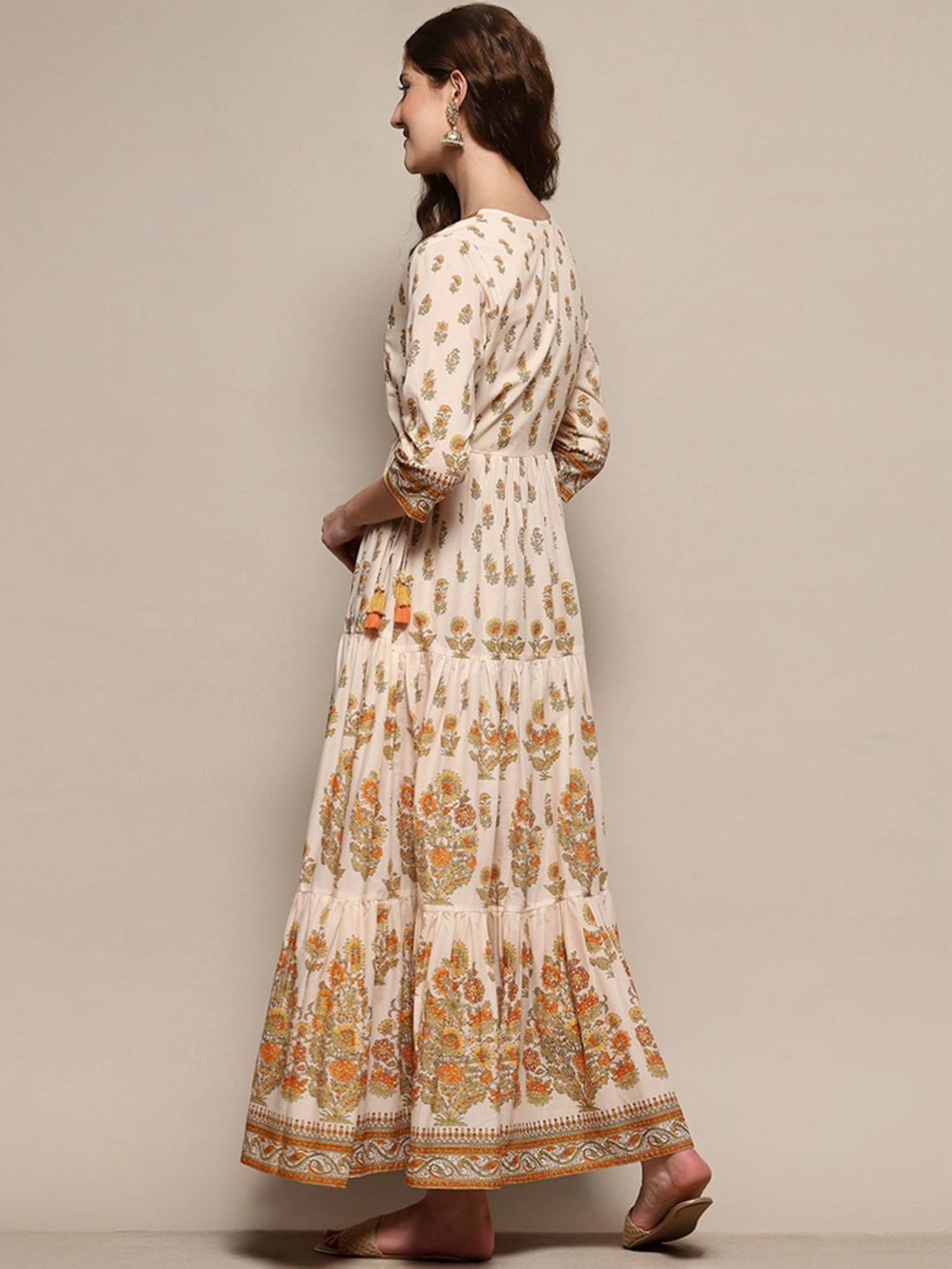 Biba Beige Cotton Floral Print Maxi Dress