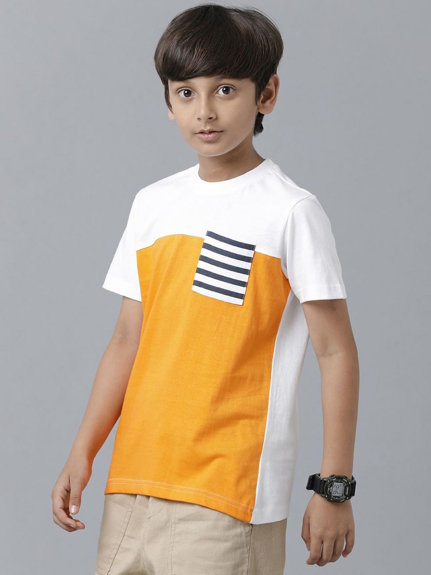 Under Fourteen Only Kids White & Orange Cotton Color Block T-Shirt