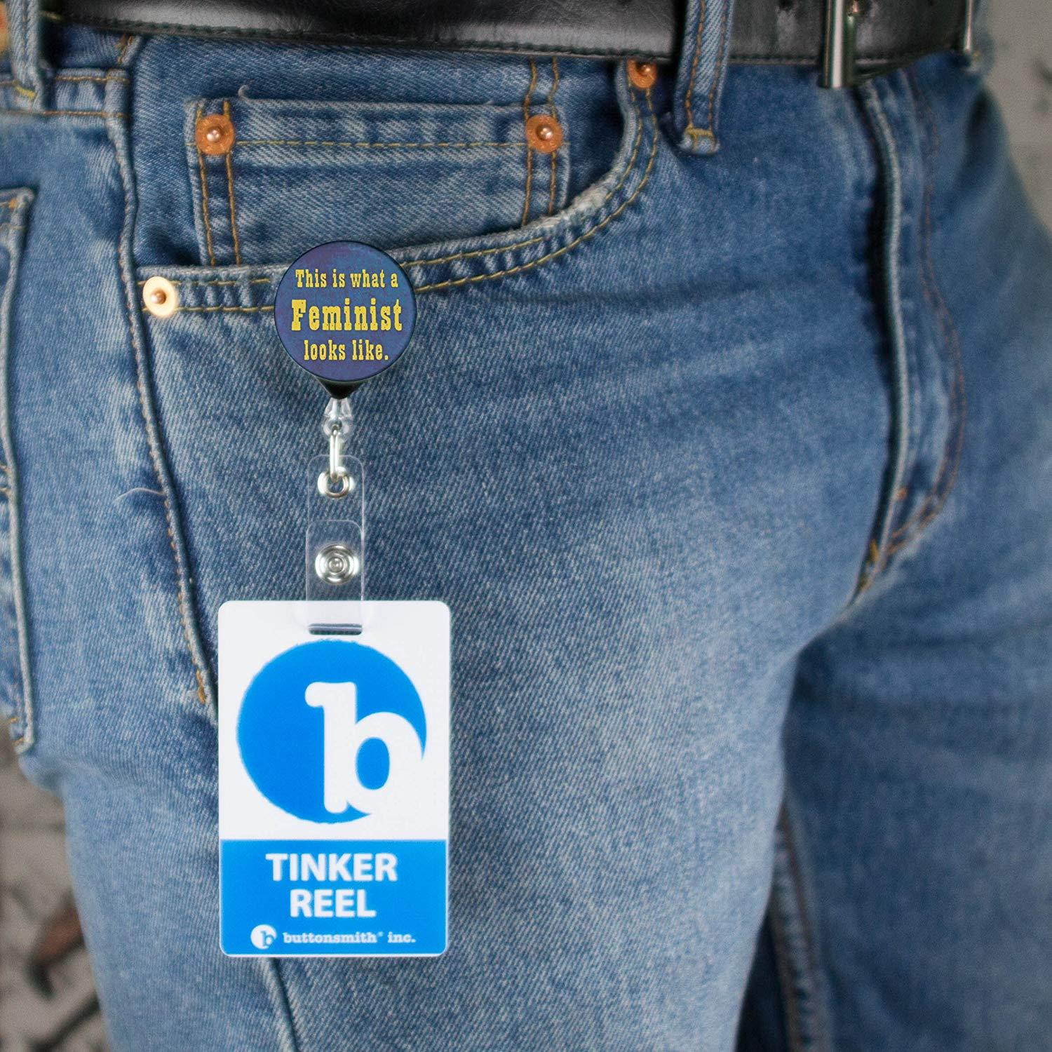 Buttonsmith Retro Feminist Retractable Tinker Reel Key Reel with Belt Clip and Swappable Tinker Tops featuring Rosie the Riveter - Made in the USA, 1 Year Warranty