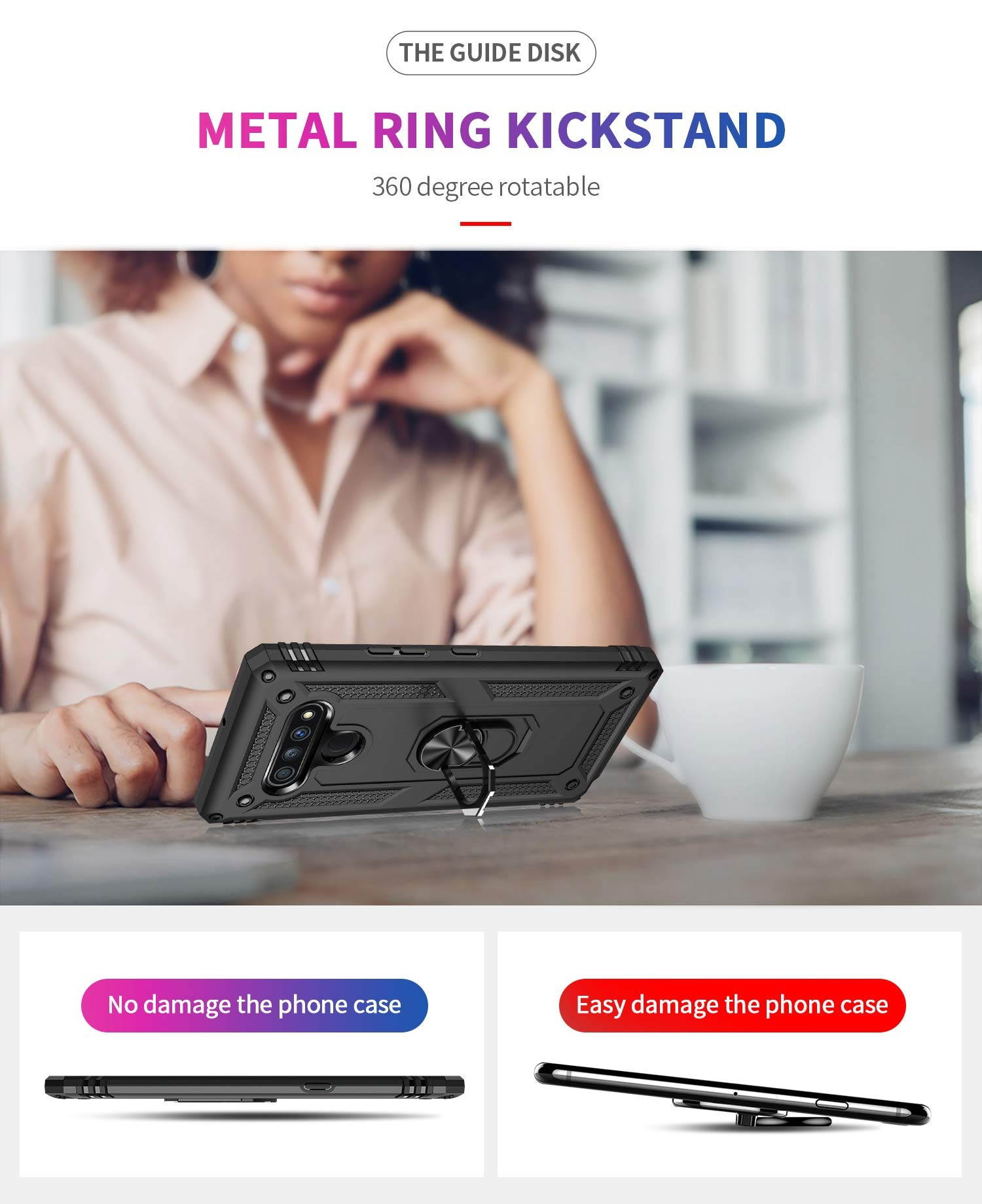 LG Stylo 6 Case, with HD Screen Protector, Military Grade Protective Phone Case with 360 Degree Rotating Metal Ring, Holder Kickstand, Anti-Scratch Bracket Cover Case for LG Stylo 6 (Black)