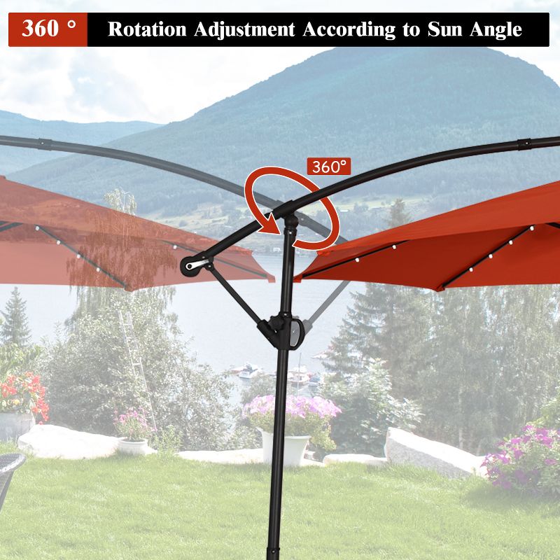 Costway 10FT Patio Offset Umbrella Solar LED 360degrees Rotation Orange