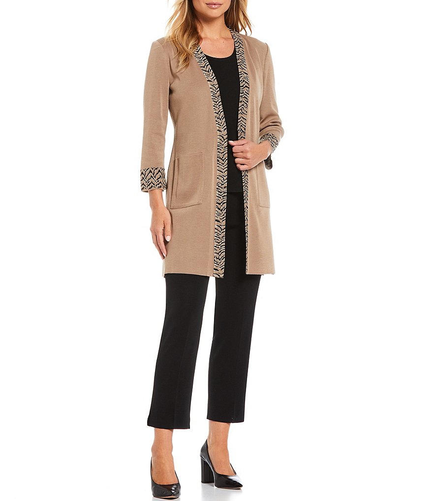 Ming Wang Animal Jacquard Trim Long Knit Jacket