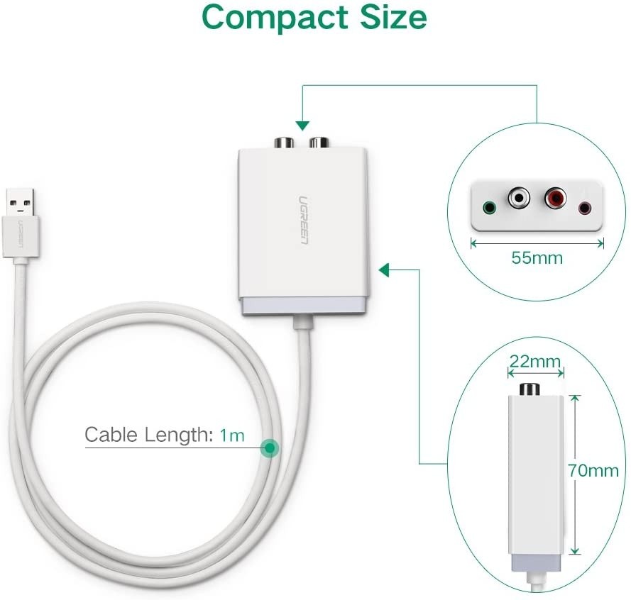 UGREEN USB External Stereo Sound Card Audio Adapter with 3.5mm Aux and 2RCA Converter for Speaker, Headphone and Microphone, Earphone, Headset, Plug and Play on Windows, Mac, Linux and PS4, 3ft Cable