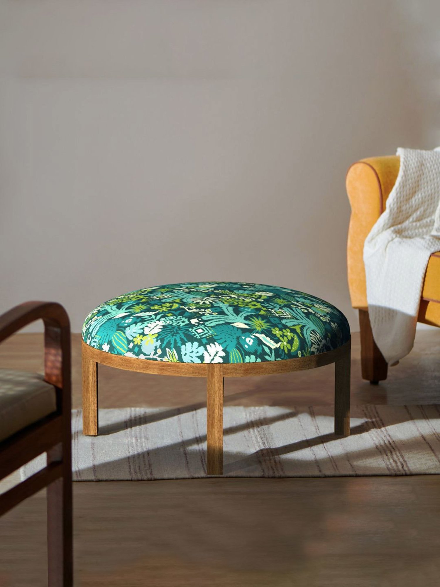 Chumbak Bohemian Tropical Ikat Green Sheesham Wood Ottoman