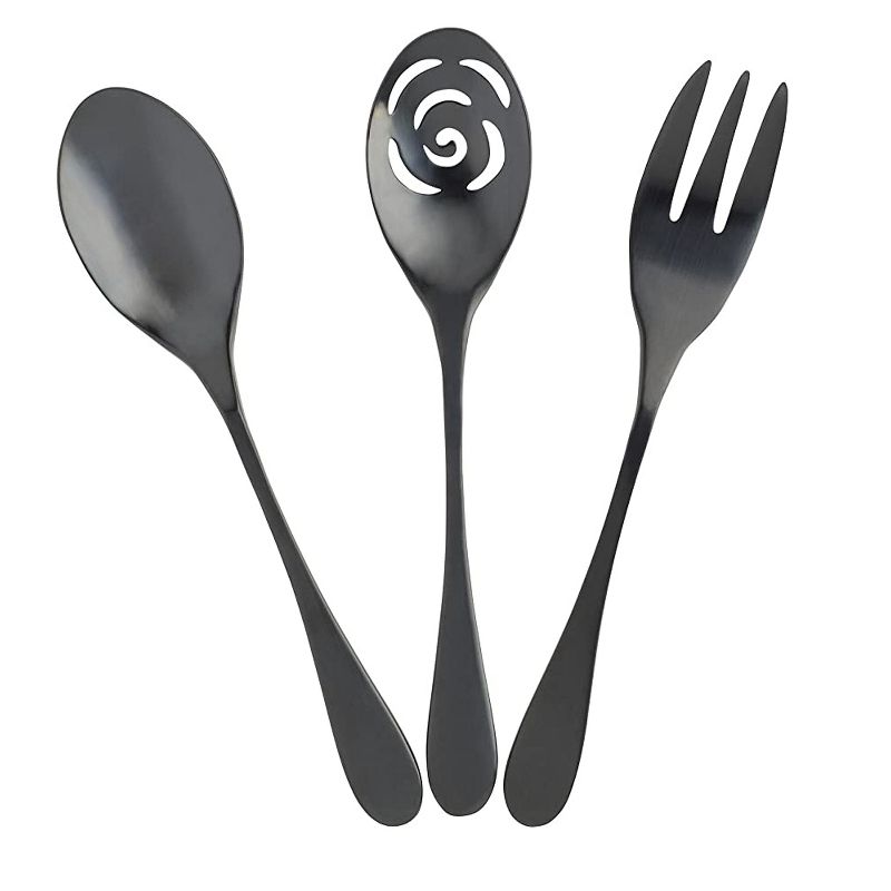 Knork 3 Piece Stainless Steel Titanium Alloy Dishwasher Safe Kitchen Flatware Serving Set with Serving Spoon, Slotted Spoon, & Meat Fork, Matte Black