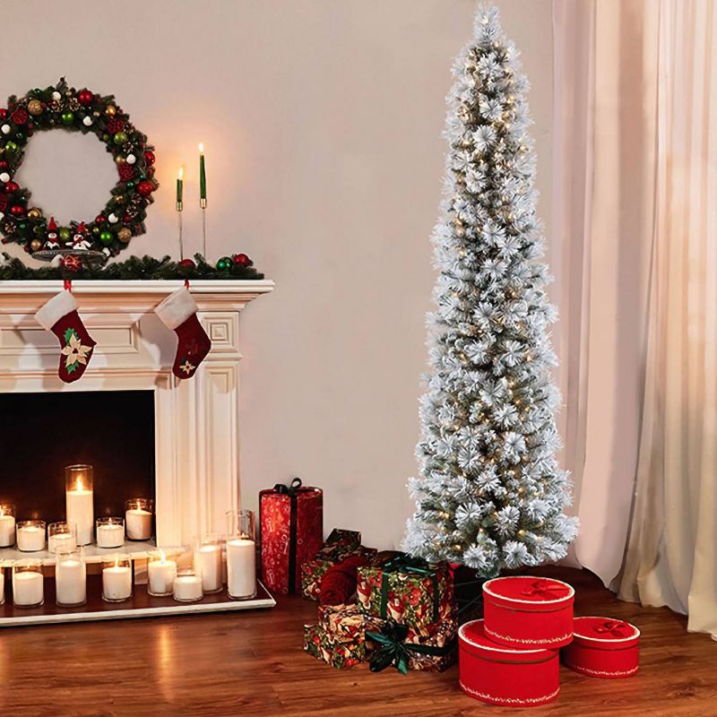7.5ft Pre-lit Slim Pencil Christmas Tree Flocked Portland Pine