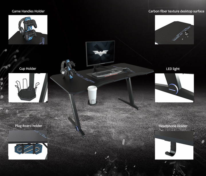 43.3'' Gaming Desk Z-Shaped Professional E-Sport Gamer Workstation Ergonomic PC Gaming Table Home Office Desk with LED Lights & Large Carbon Fiber Surface