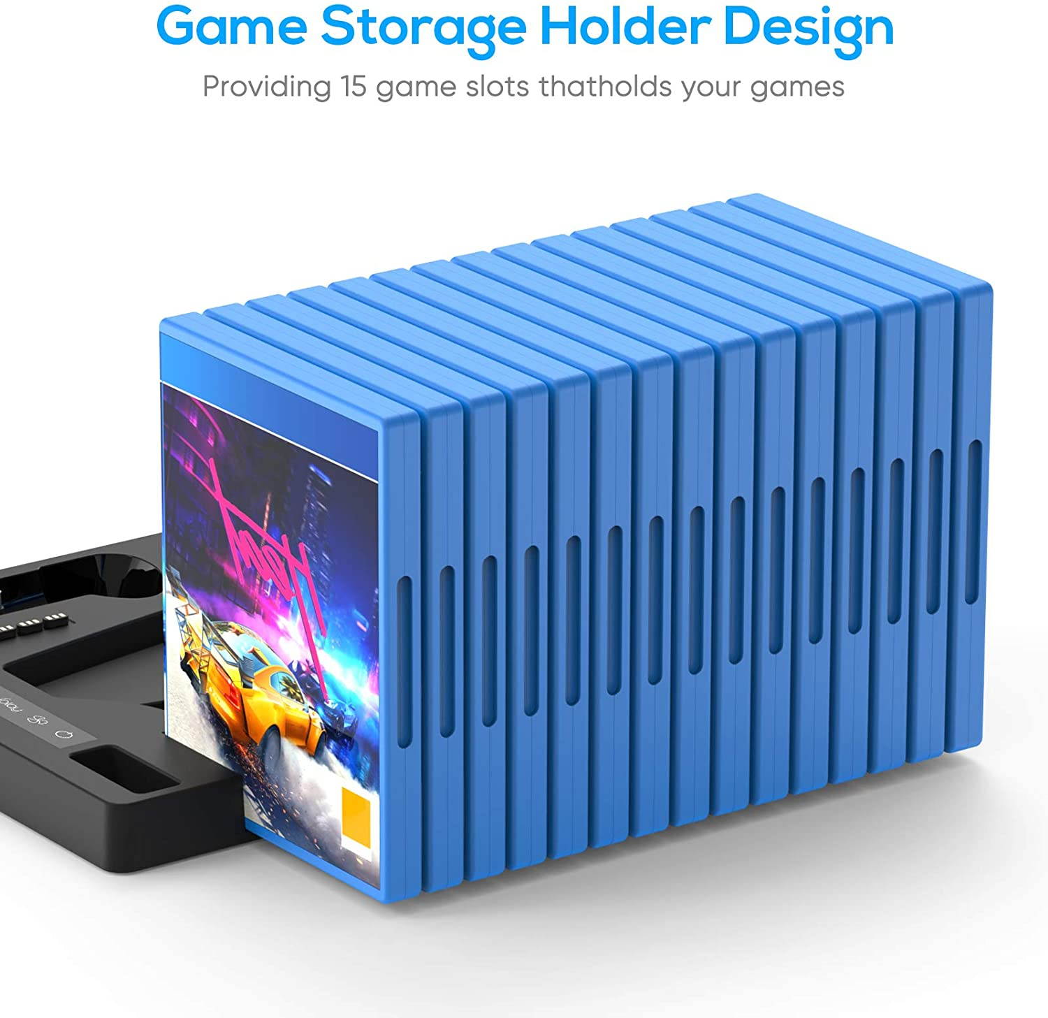 ROME CARE Vertical Stand with Headset Holder and Cooling Fan Base for PS5 Console/Digital Edition, 2 Controller Chargers, 15 Game Disc Slots, 3 USB Hubs and 1 Media Remote Storage